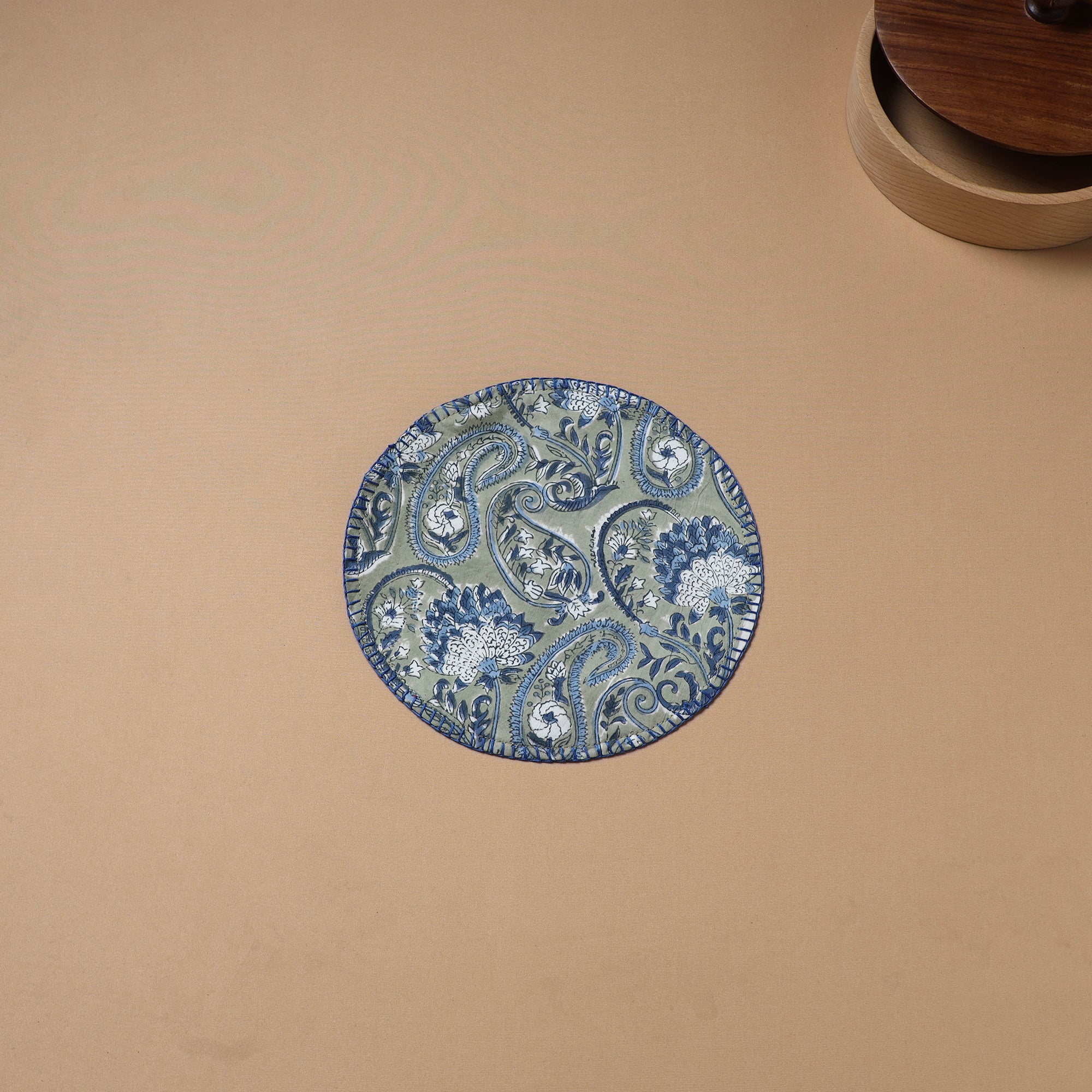 Blue - Hand Embroidered Floral Block Print Cotton Round Roti Napkin 11