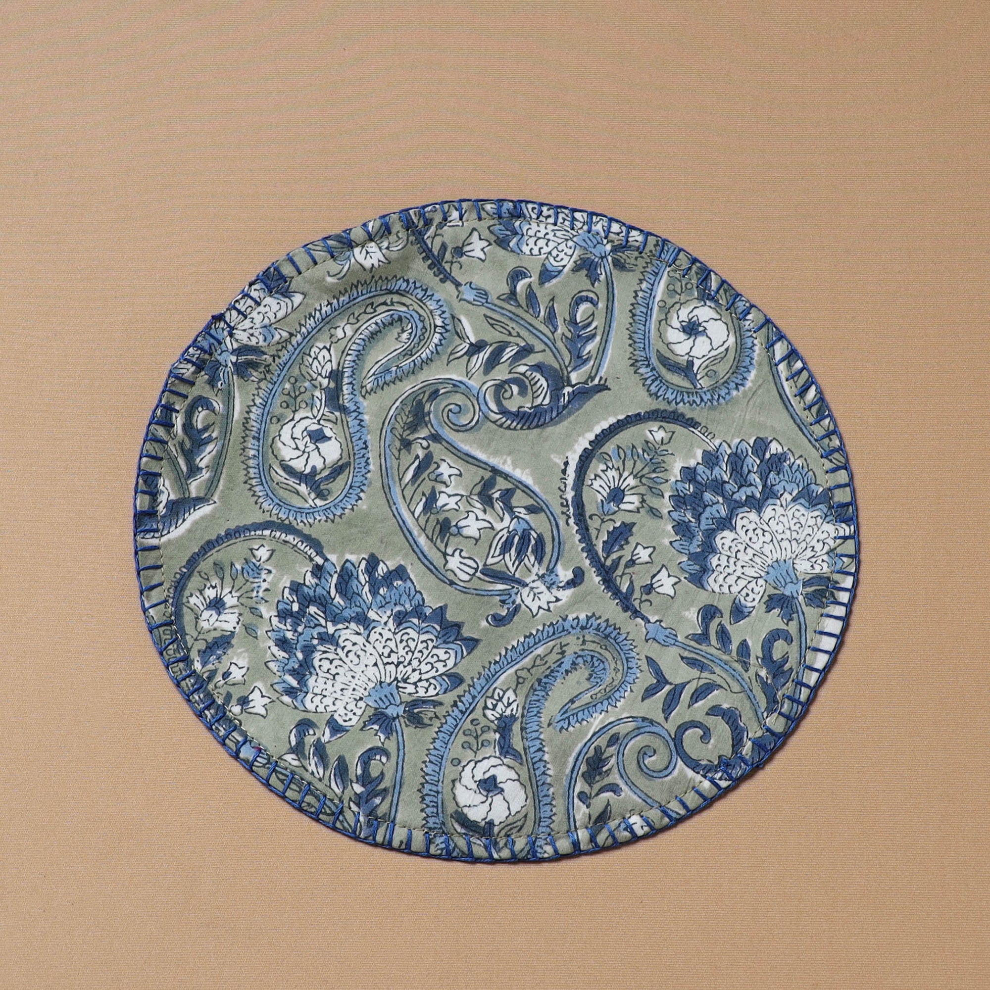 Blue - Hand Embroidered Floral Block Print Cotton Round Roti Napkin 11 - Image 2