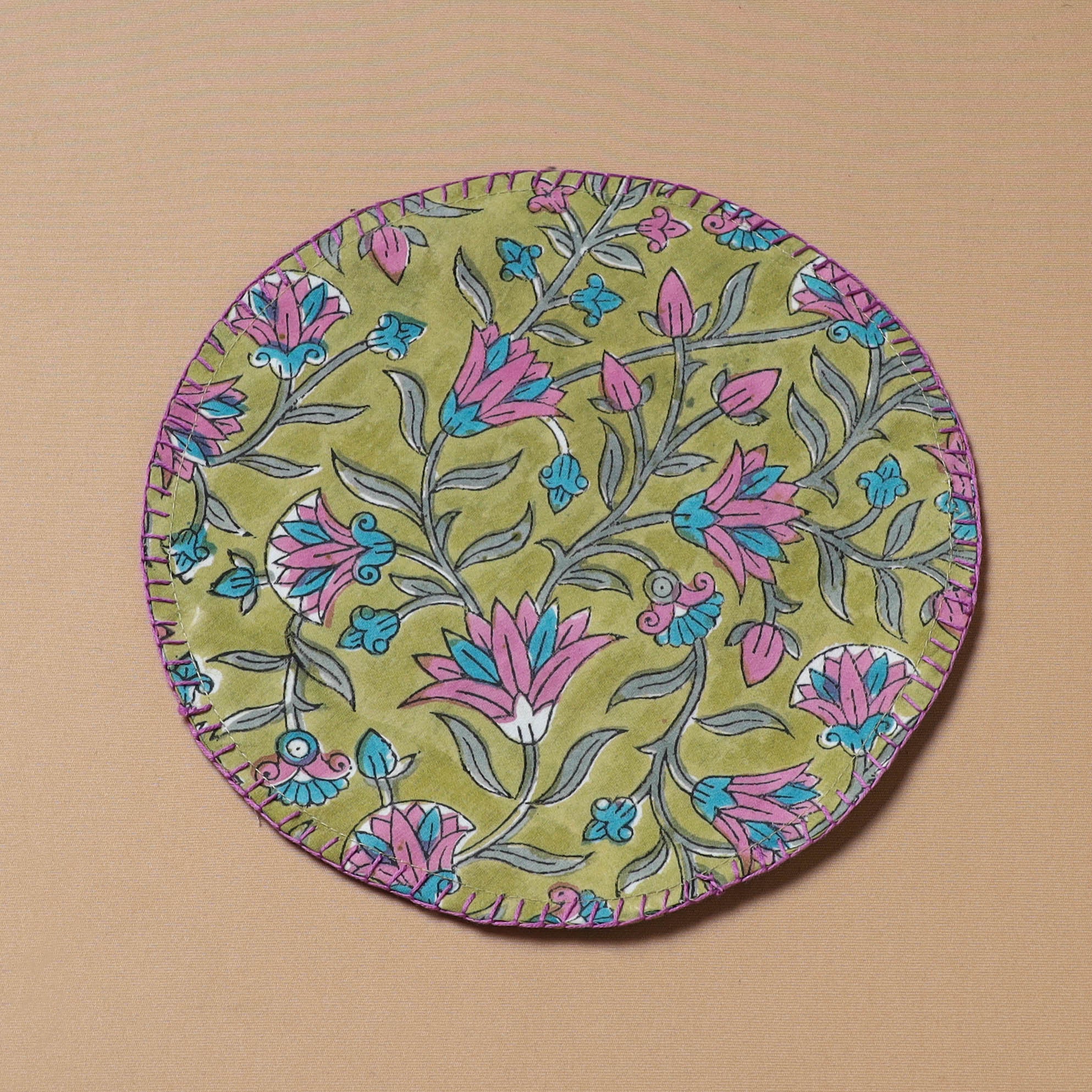 Hand Embroidered Floral Block Print Cotton Round Roti Napkin 12 - Image 2