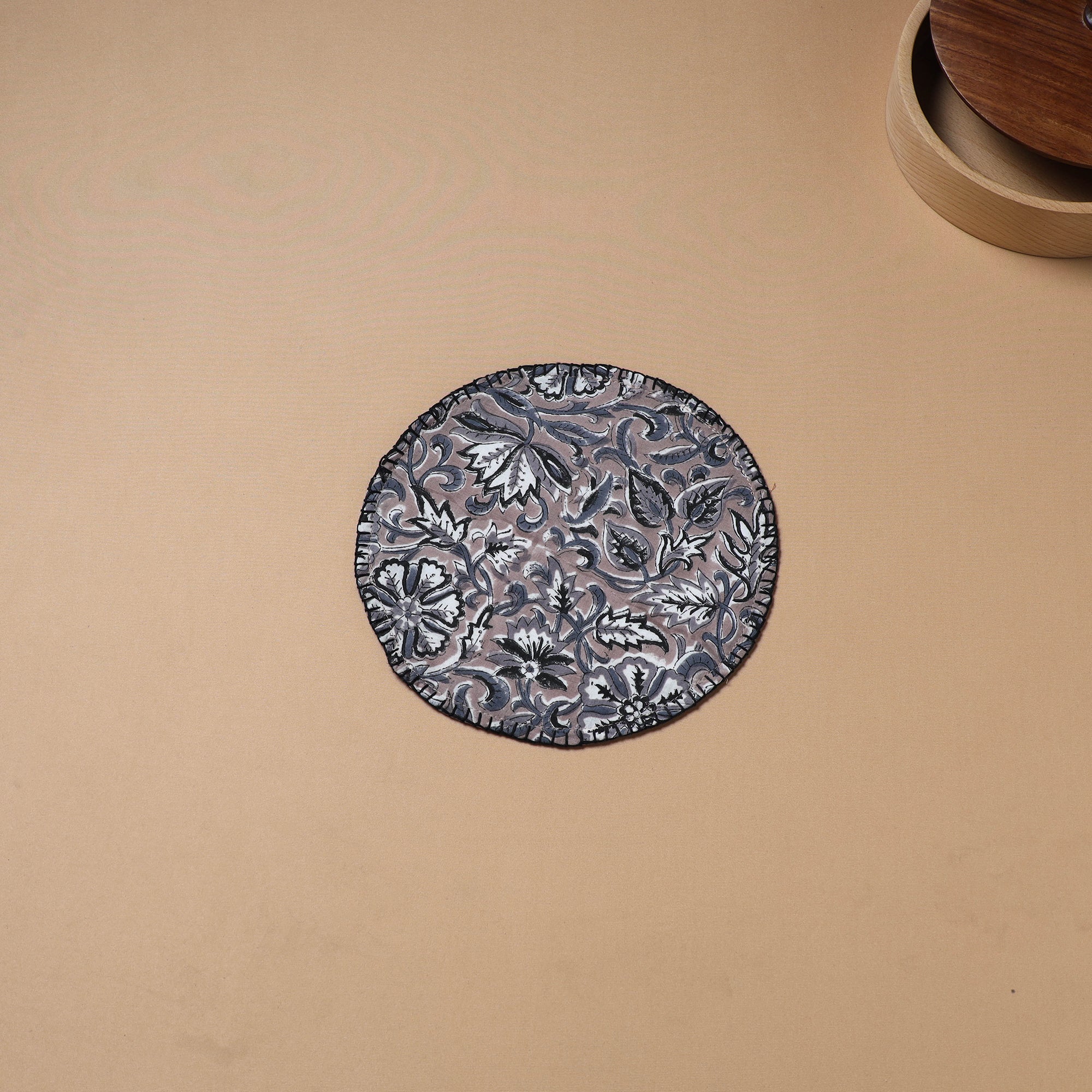 Grey - Hand Embroidered Floral Block Print Cotton Round Roti Napkin 13