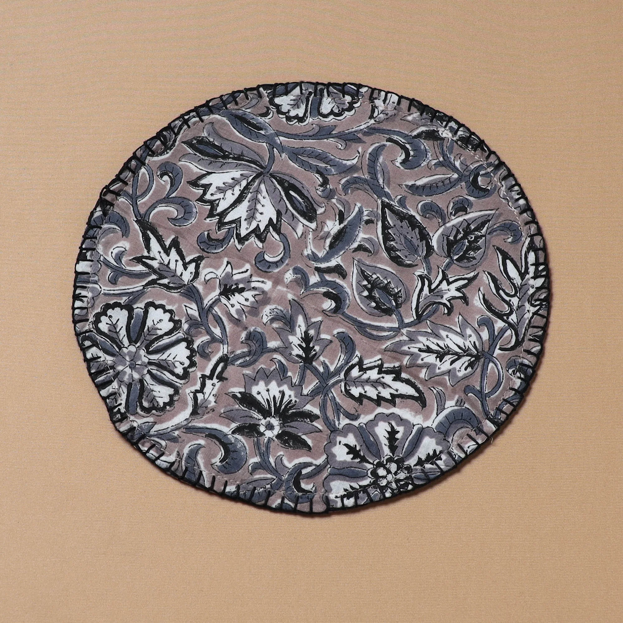 Grey - Hand Embroidered Floral Block Print Cotton Round Roti Napkin 13 - Image 2