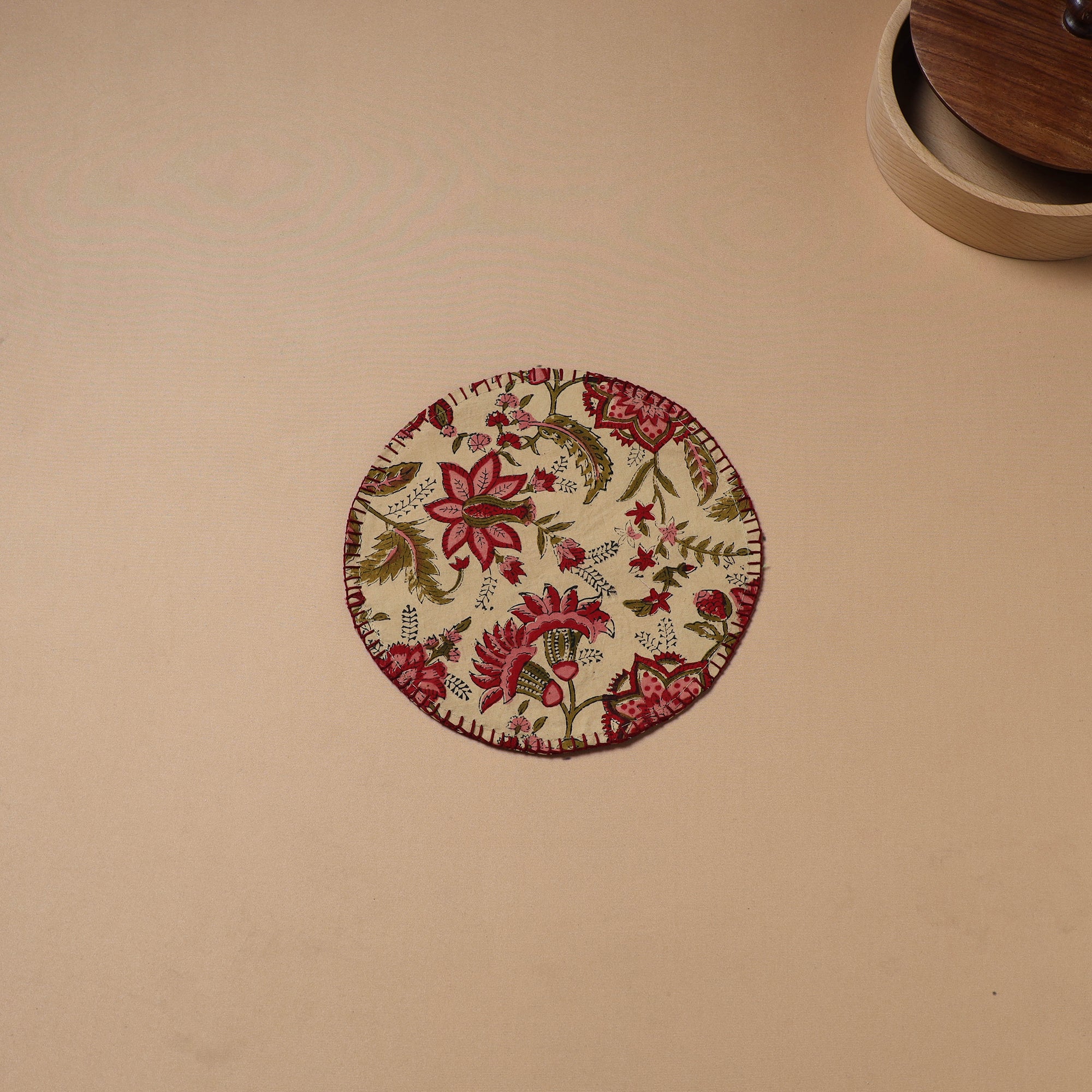Beige - Hand Embroidered Floral Block Print Cotton Round Roti Napkin 14