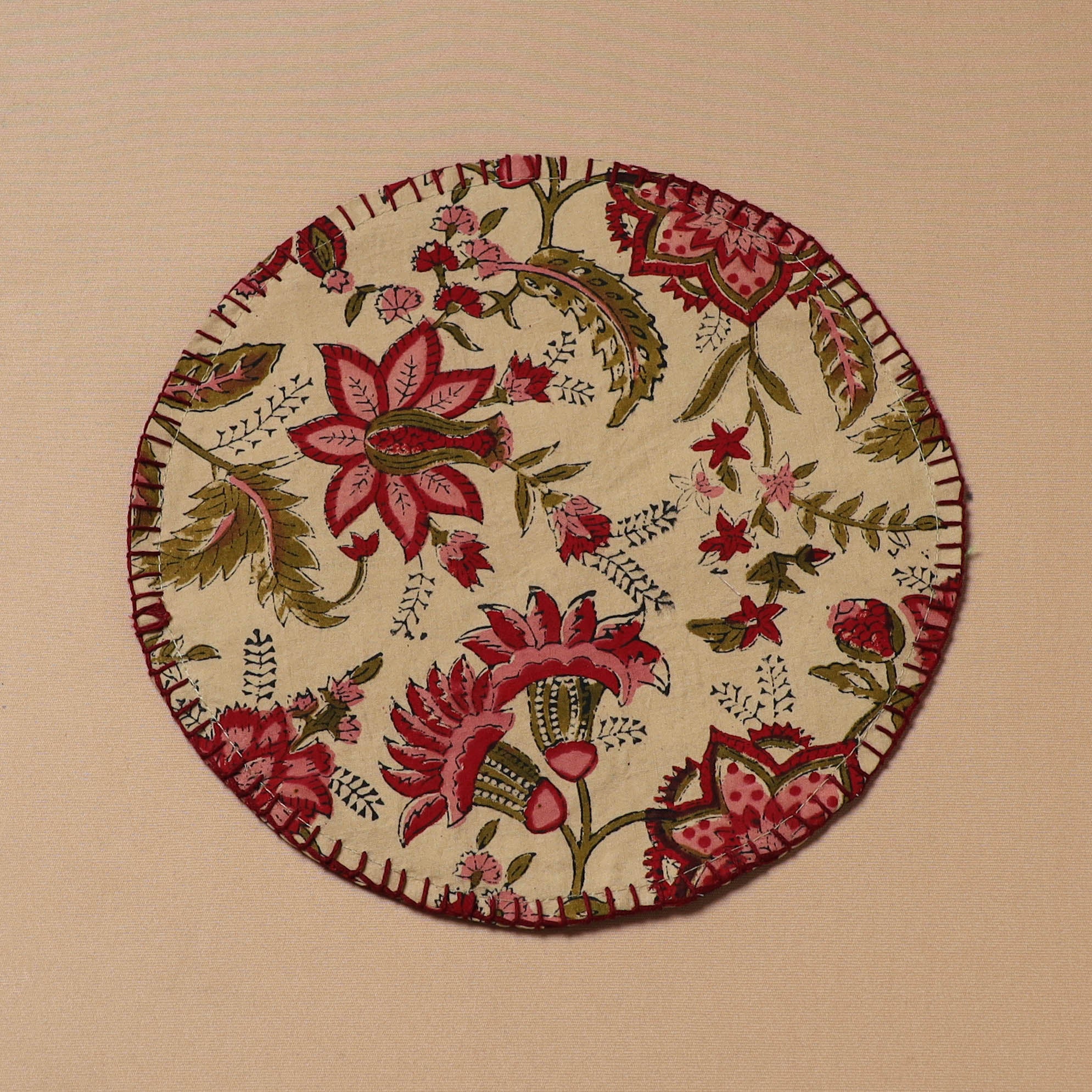 Beige - Hand Embroidered Floral Block Print Cotton Round Roti Napkin 14 - Image 2