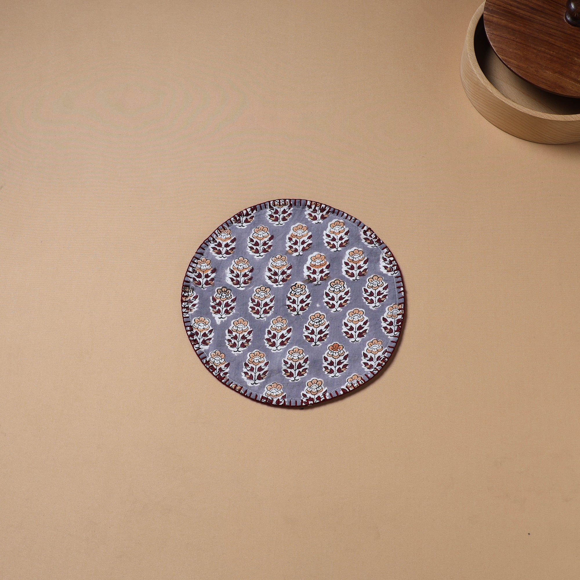 Hand Embroidered Floral Block Print Cotton Round Roti Napkin 15