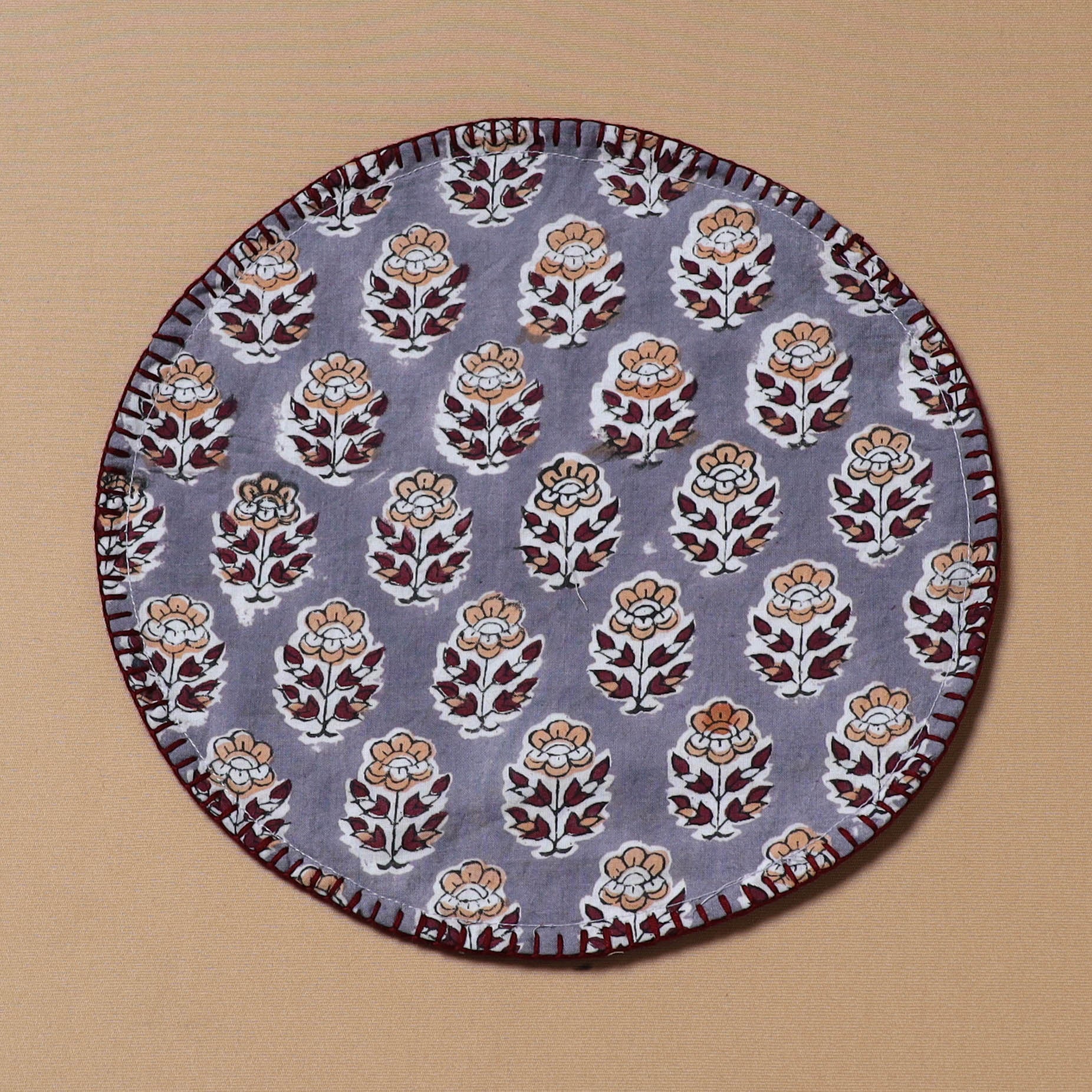 Hand Embroidered Floral Block Print Cotton Round Roti Napkin 15 - Image 2