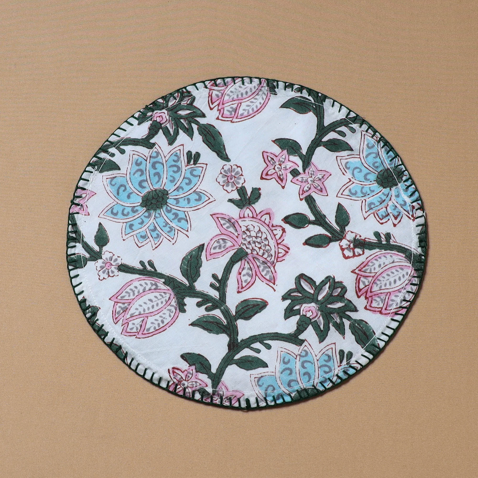 White - Hand Embroidered Floral Block Print Cotton Round Roti Napkin 16 - Image 2