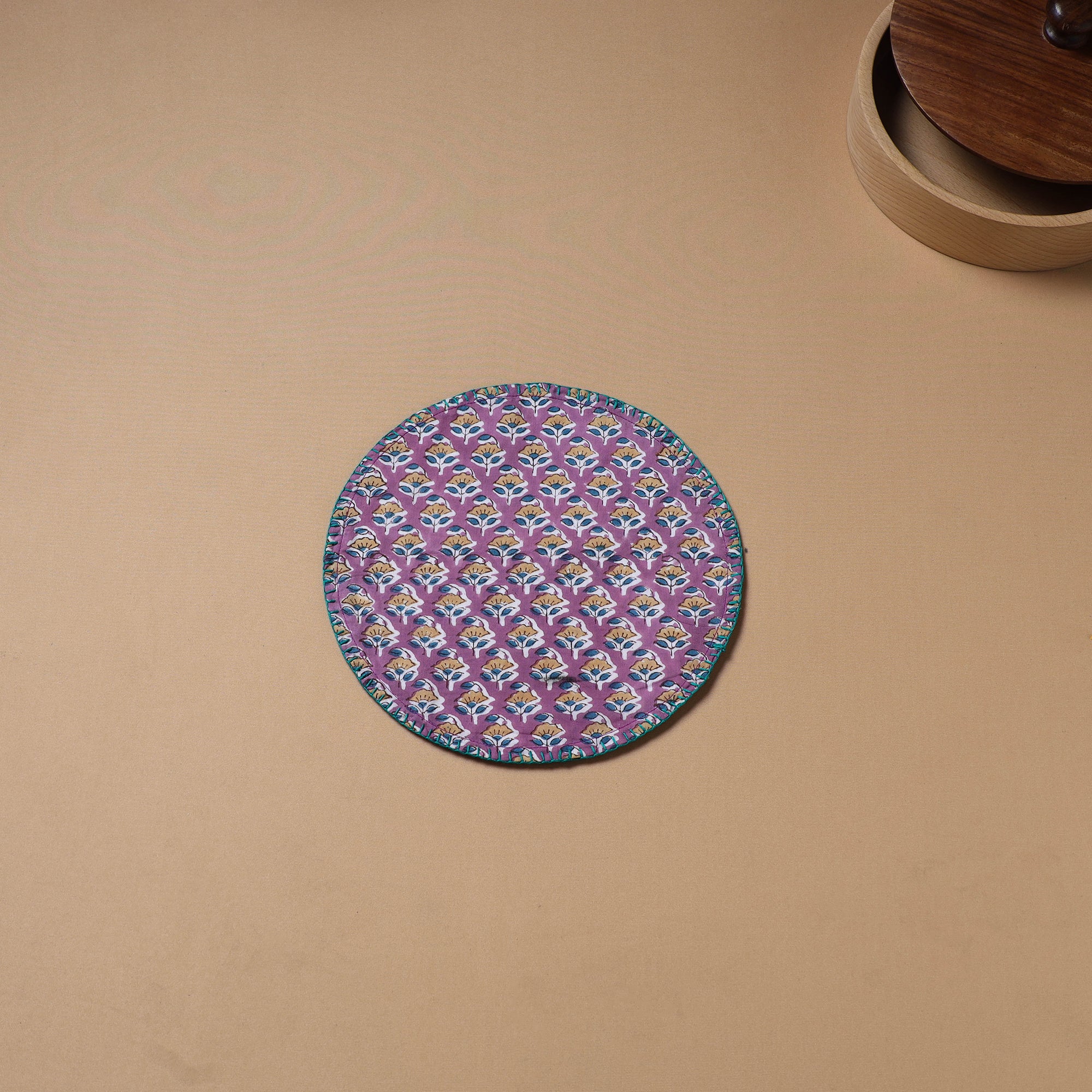Purple - Hand Embroidered Floral Block Print Cotton Round Roti Napkin 17