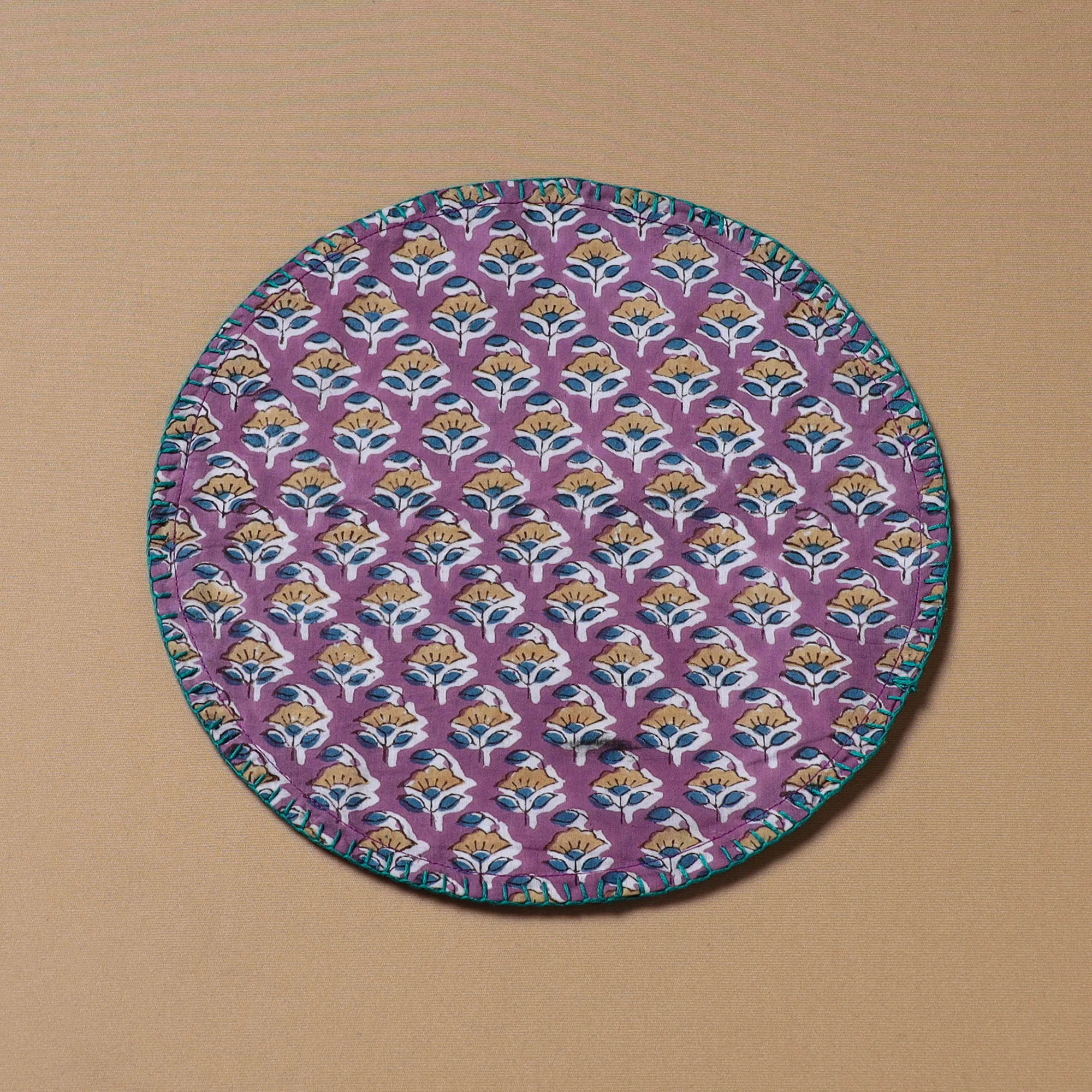Purple - Hand Embroidered Floral Block Print Cotton Round Roti Napkin 17 - Image 2
