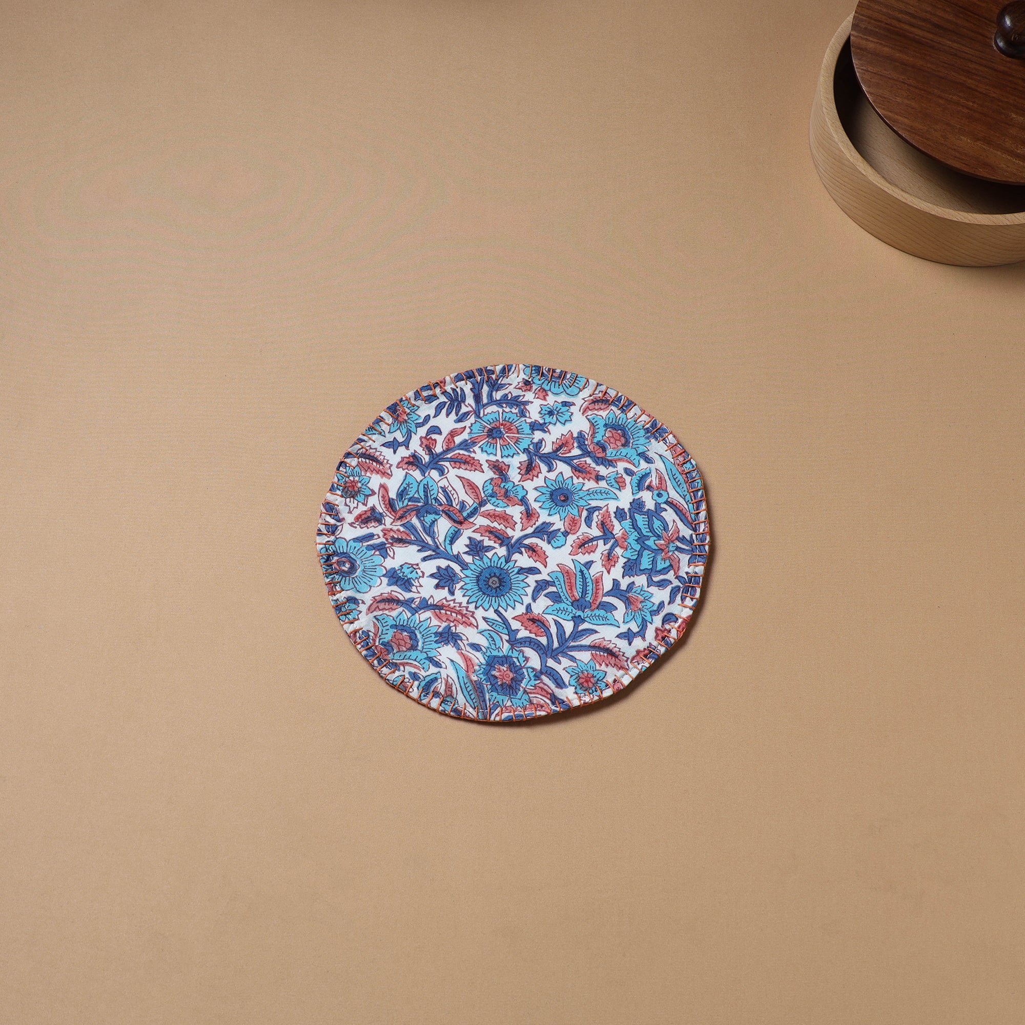 Multi colour - Hand Embroidered Floral Block Print Cotton Round Roti Napkin 18