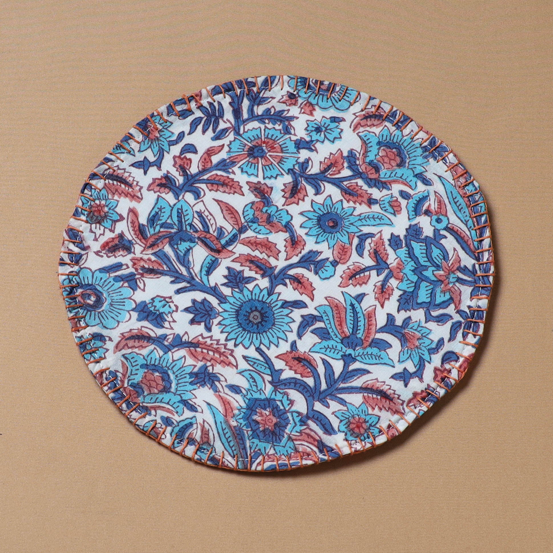 Multi colour - Hand Embroidered Floral Block Print Cotton Round Roti Napkin 18 - Image 2
