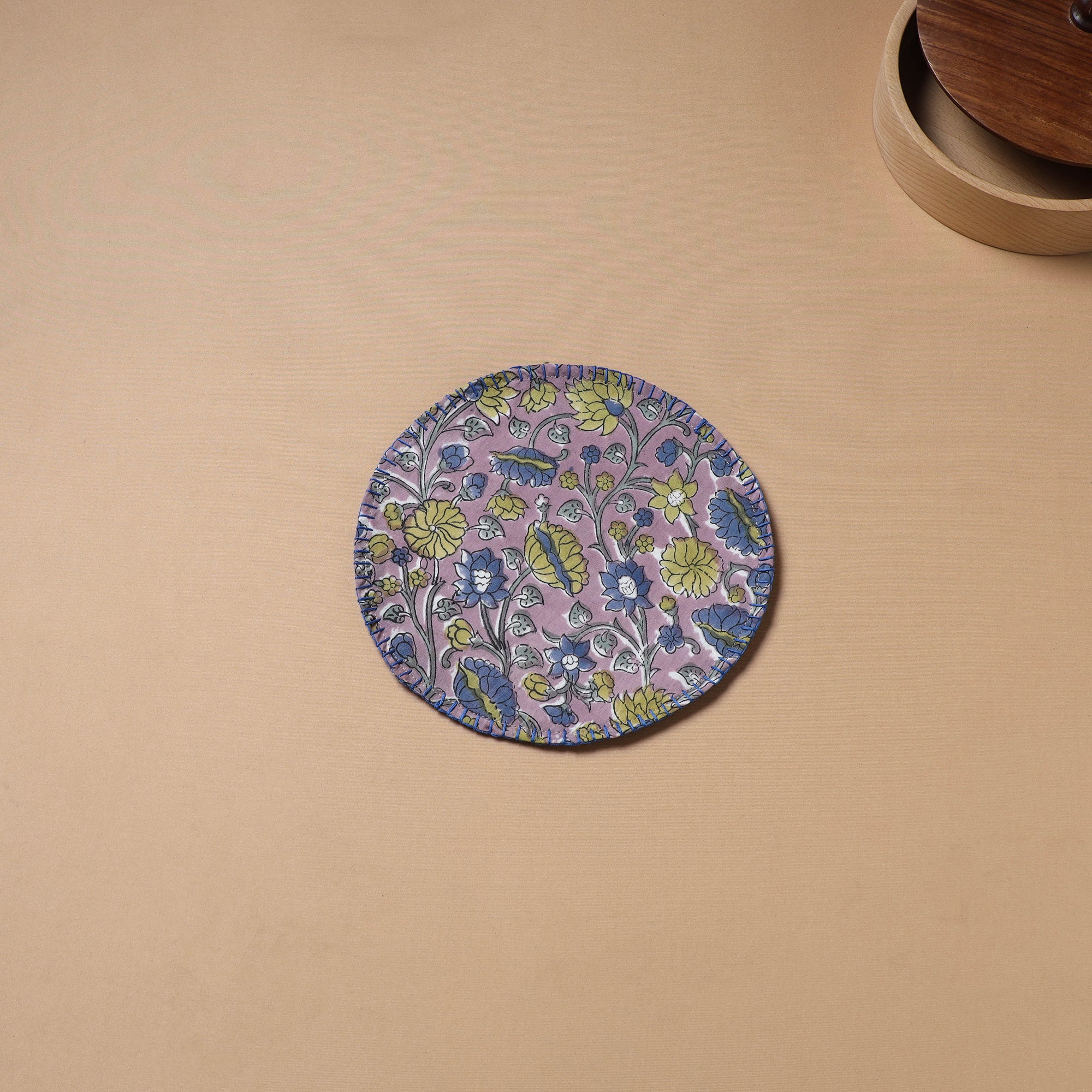 Hand Embroidered Floral Block Print Cotton Round Roti Napkin 19