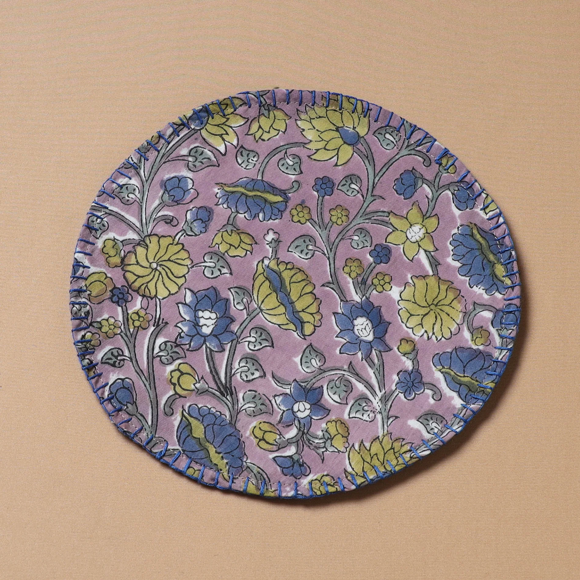 Hand Embroidered Floral Block Print Cotton Round Roti Napkin 19 - Image 2