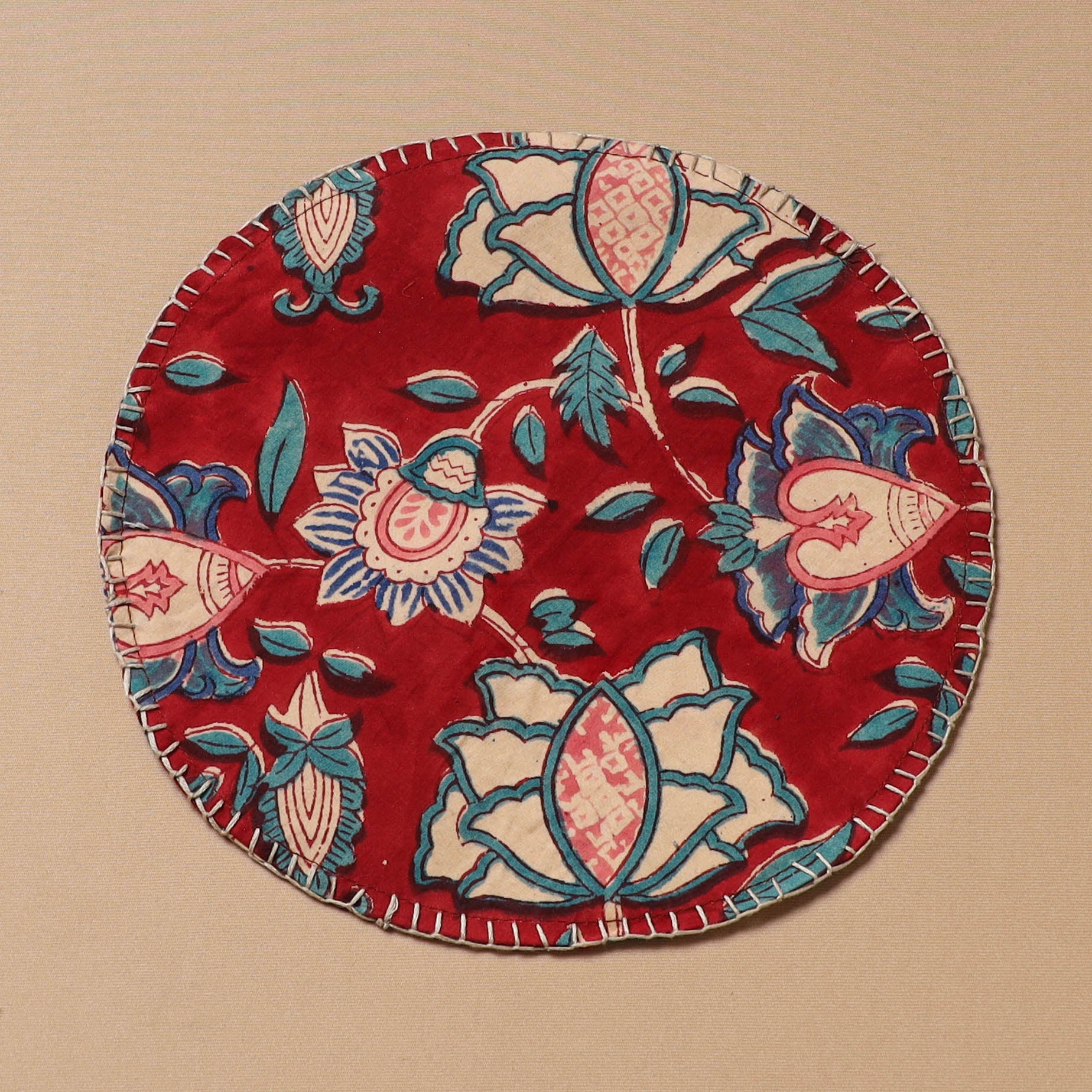 Red - Hand Embroidered Floral Block Print Cotton Round Roti Napkin 20 - Image 2
