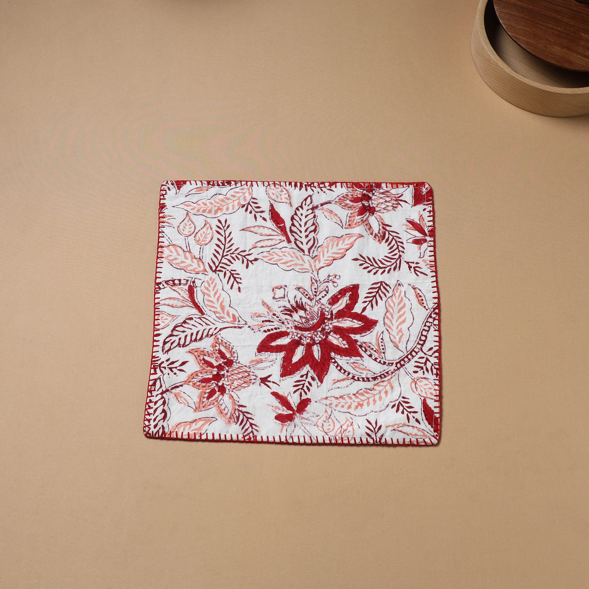 White - Hand Embroidered Floral Block Print Cotton Square Roti Napkin 27