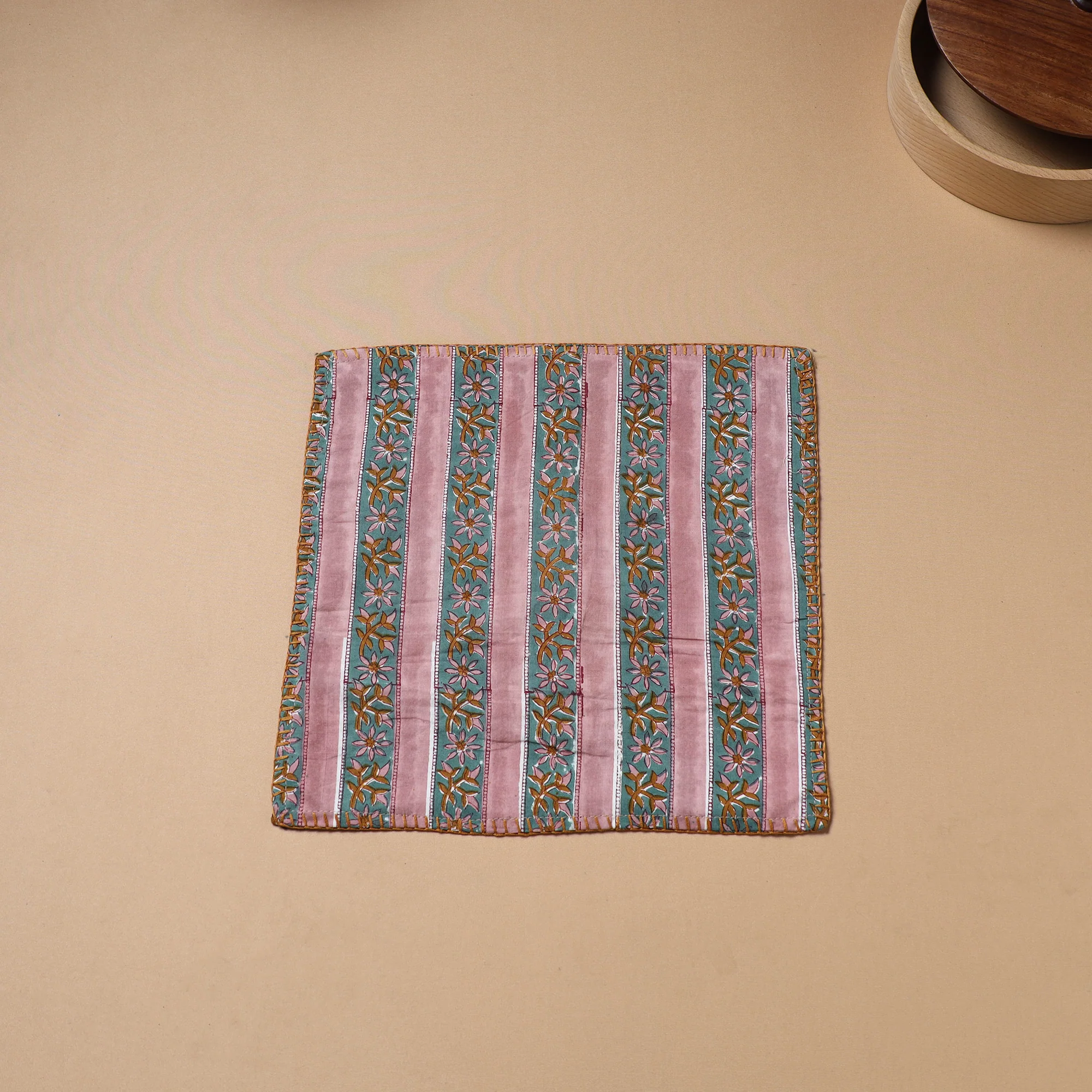 Hand Embroidered Floral Block Print Cotton Square Roti Napkin 28