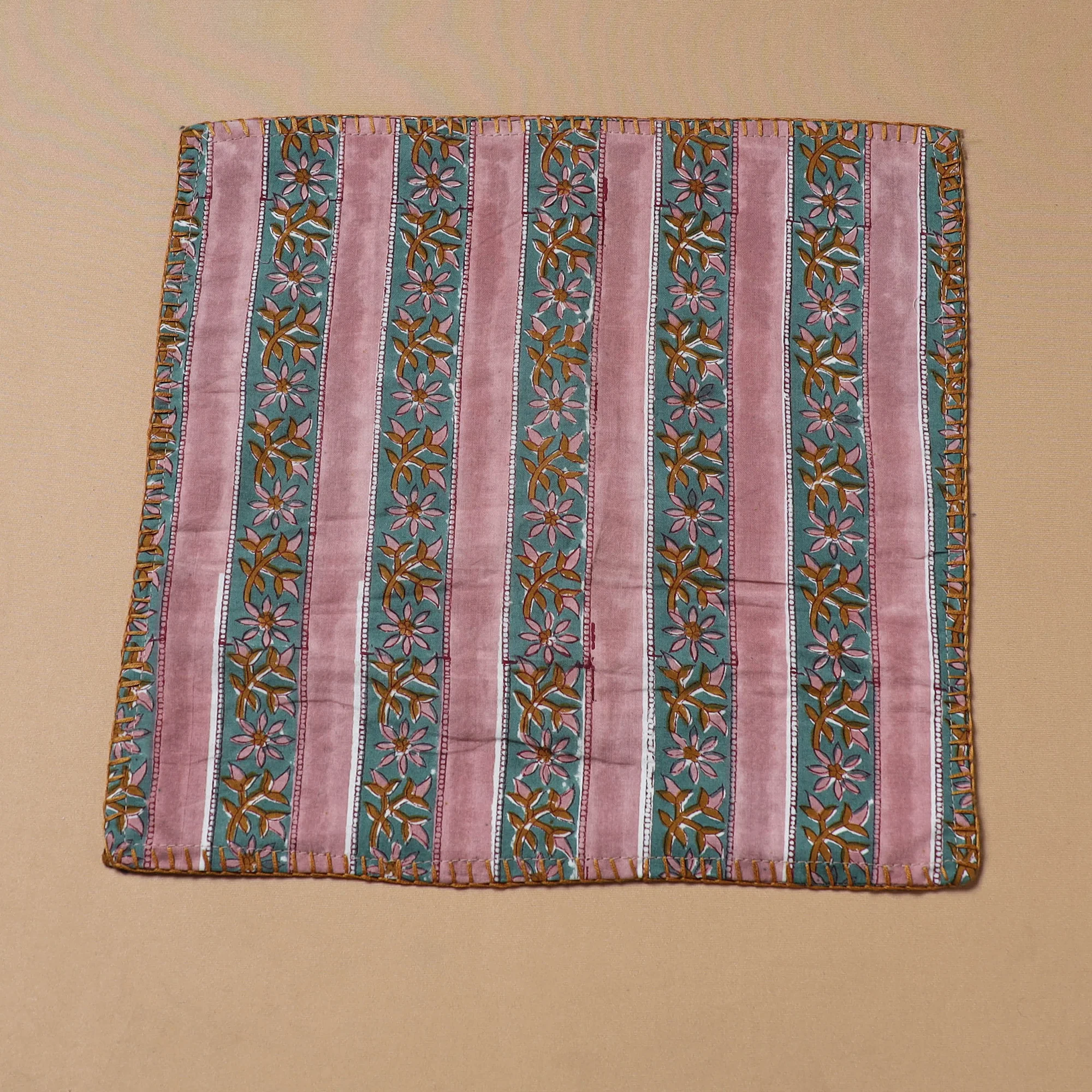 Hand Embroidered Floral Block Print Cotton Square Roti Napkin 28 - Image 2