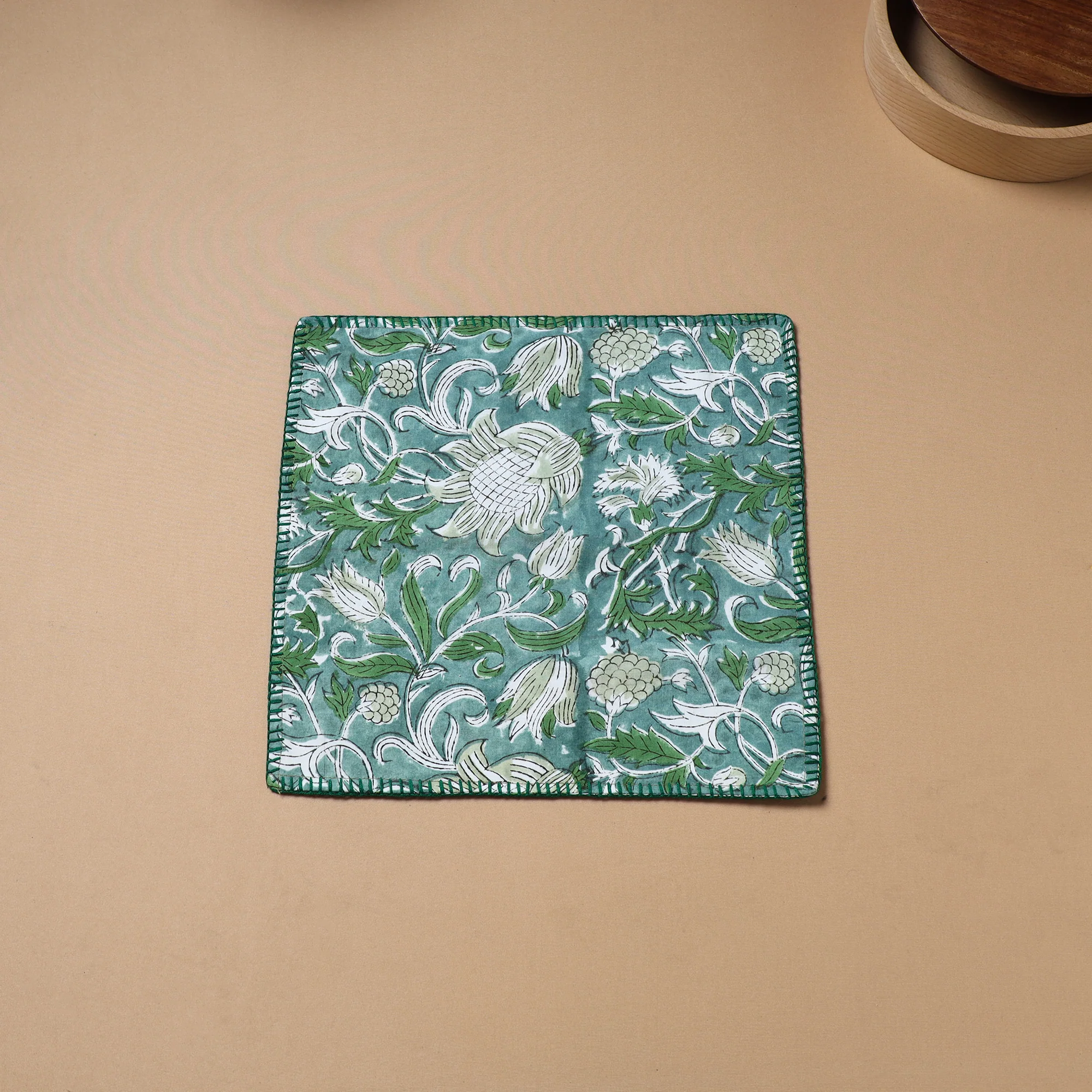 Green - Hand Embroidered Floral Block Print Cotton Square Roti Napkin 29