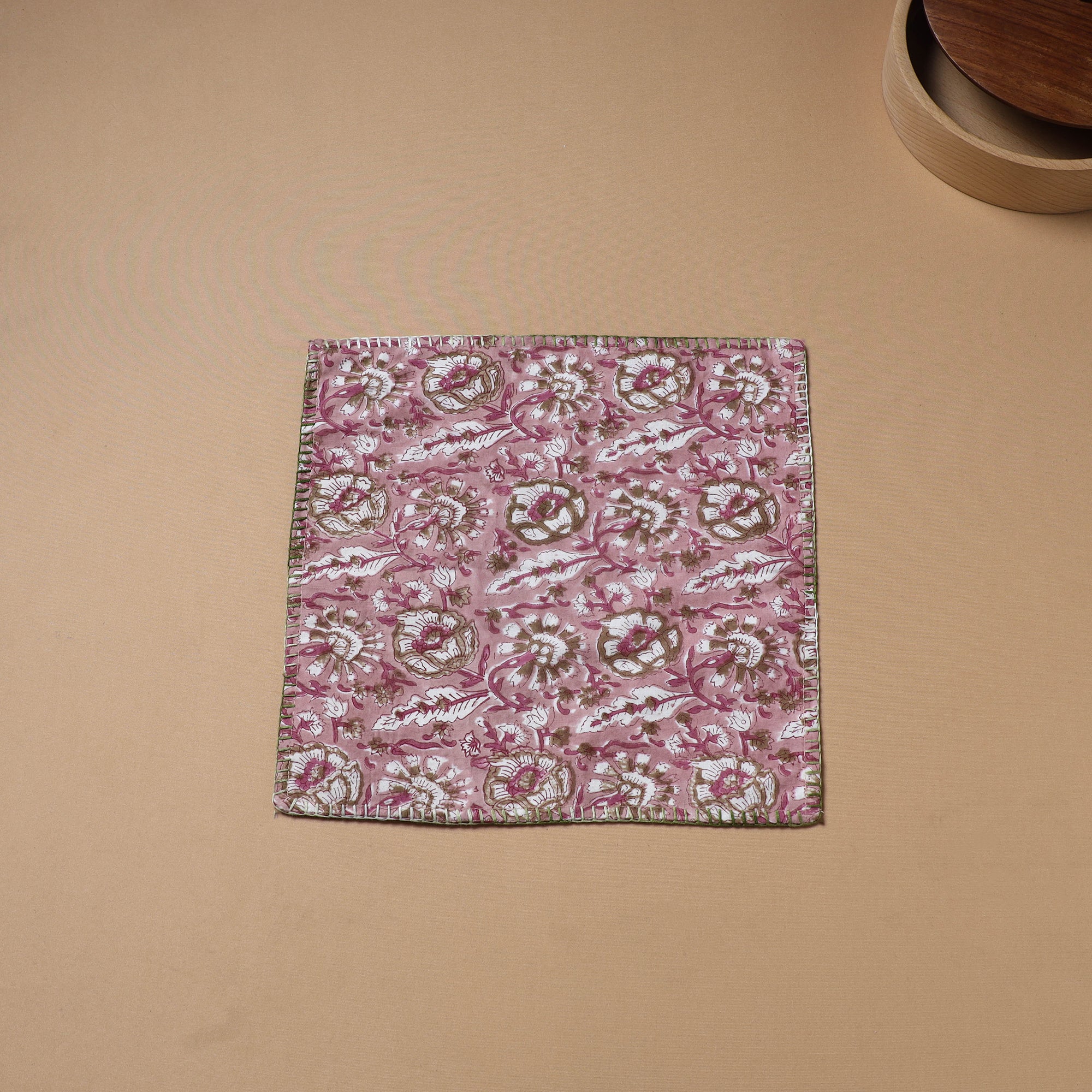 Pink - Hand Embroidered Floral Block Print Cotton Square Roti Napkin 30
