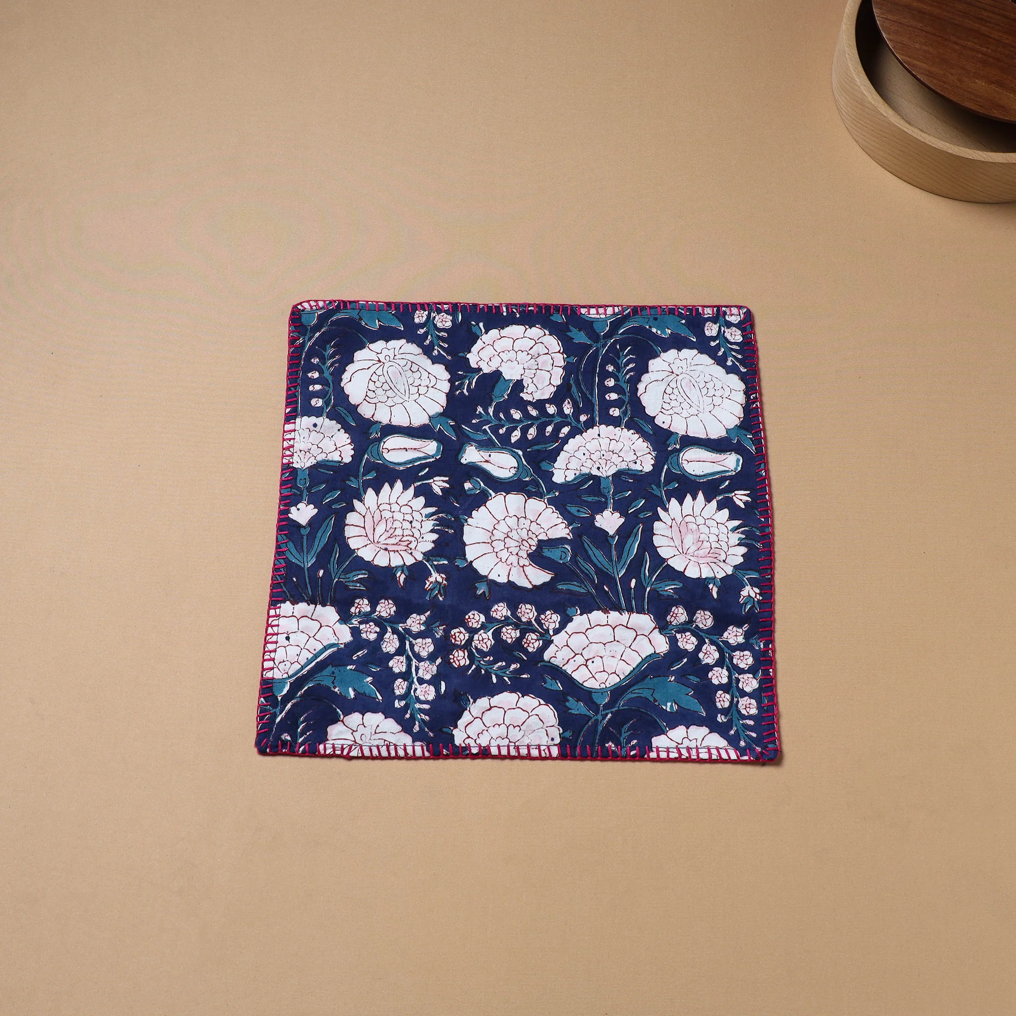 Blue - Hand Embroidered Floral Block Print Cotton Square Roti Napkin 31