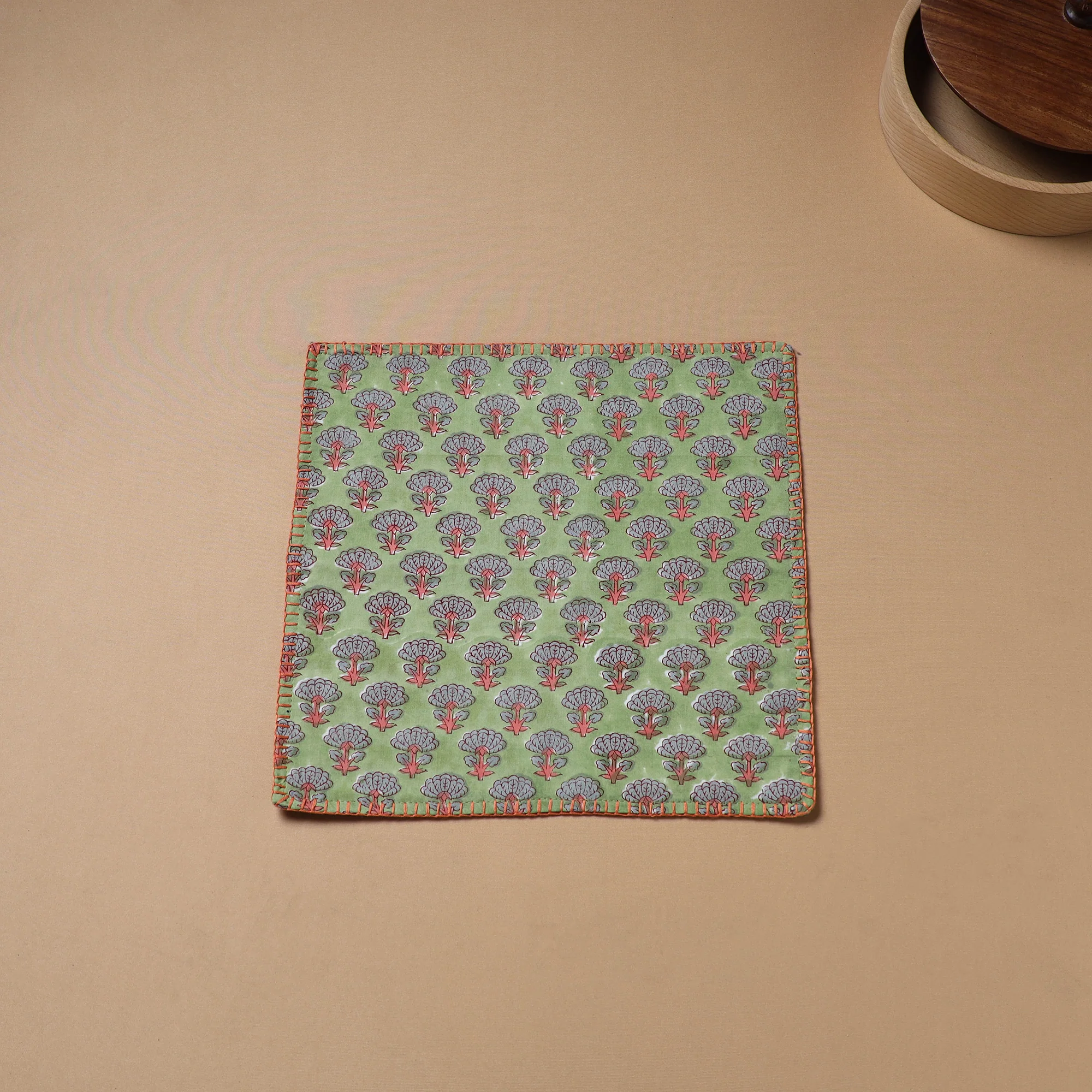 Hand Embroidered Floral Block Print Cotton Square Roti Napkin 32