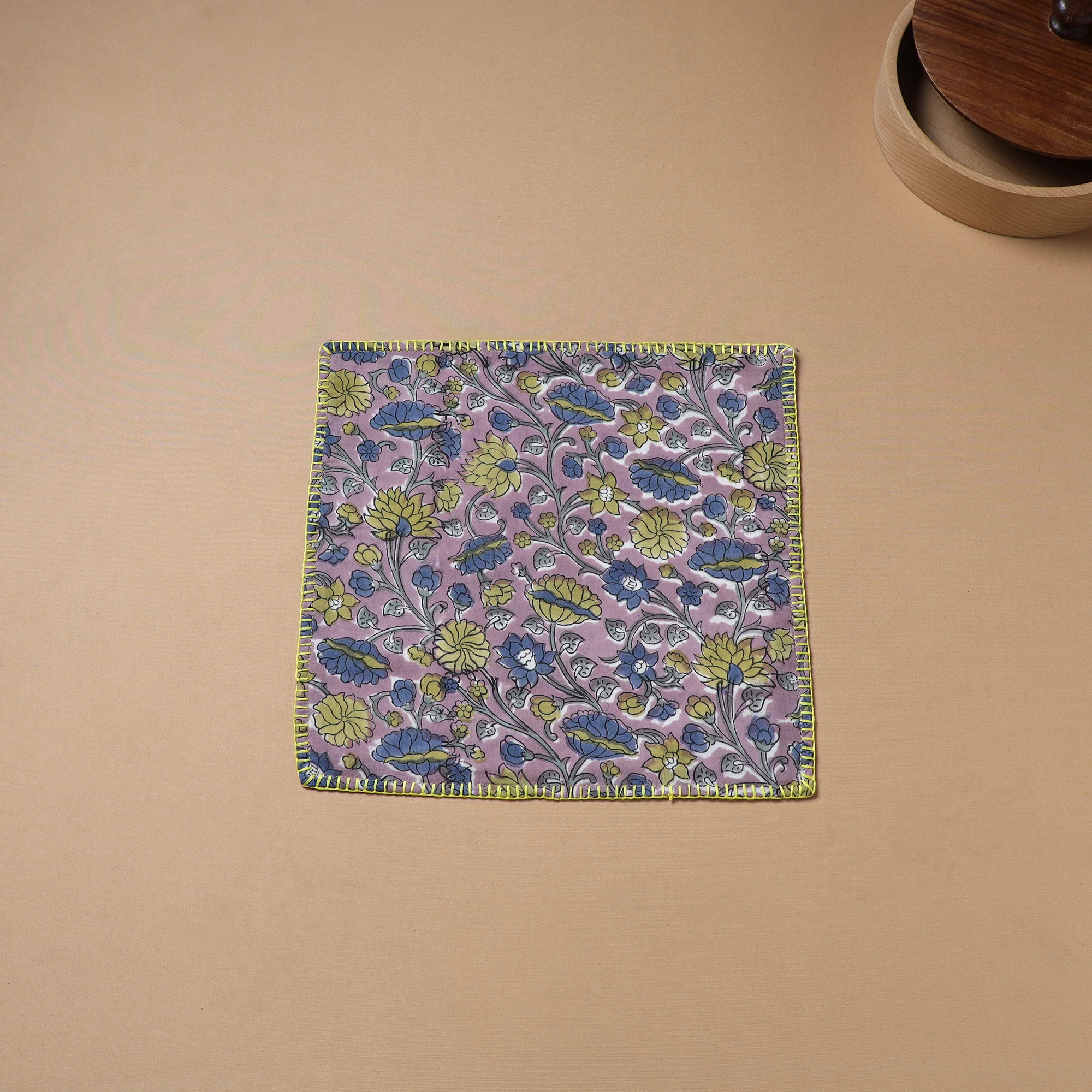 Purple - Hand Embroidered Floral Block Print Cotton Square Roti Napkin 34