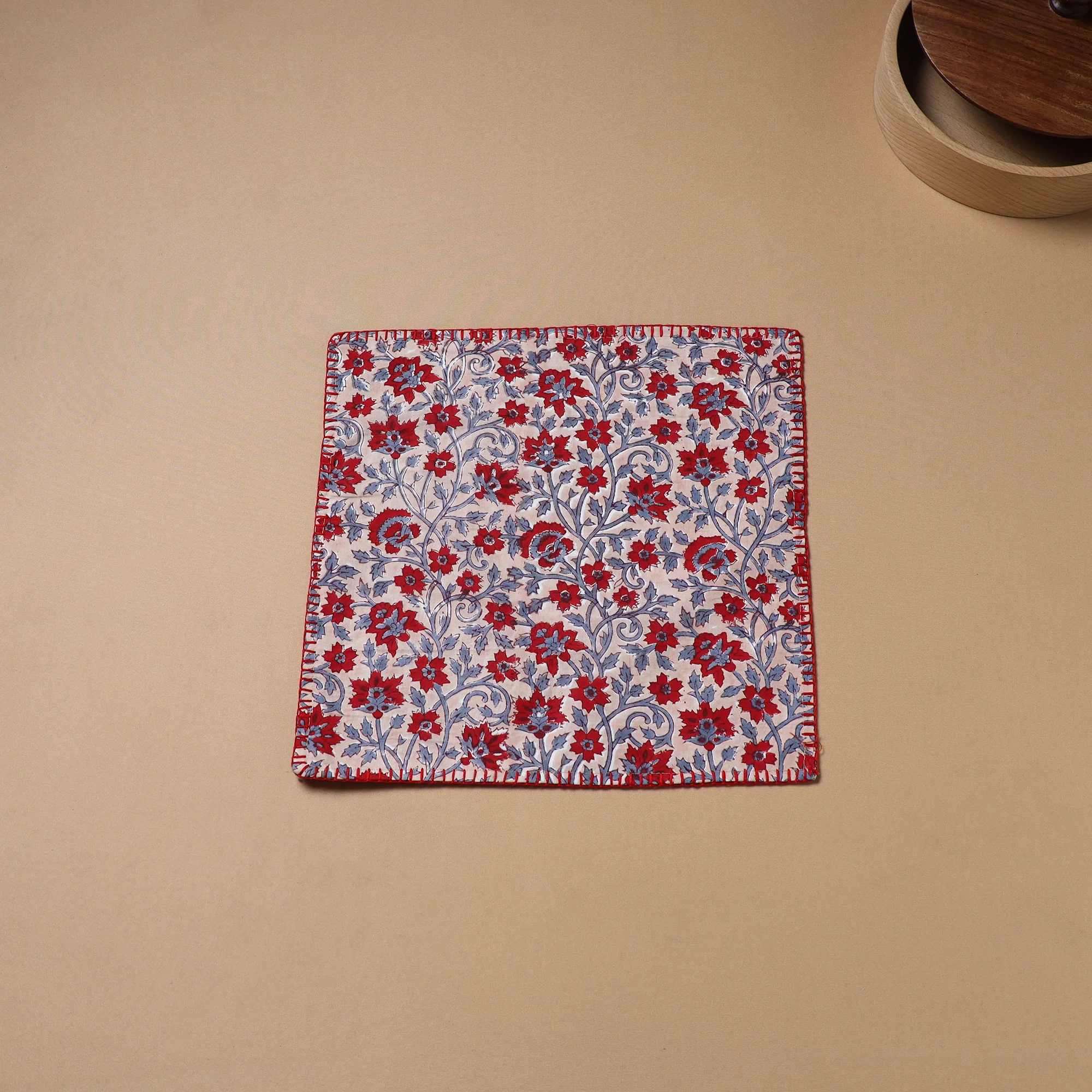 Red - Hand Embroidered Floral Block Print Cotton Square Roti Napkin 35