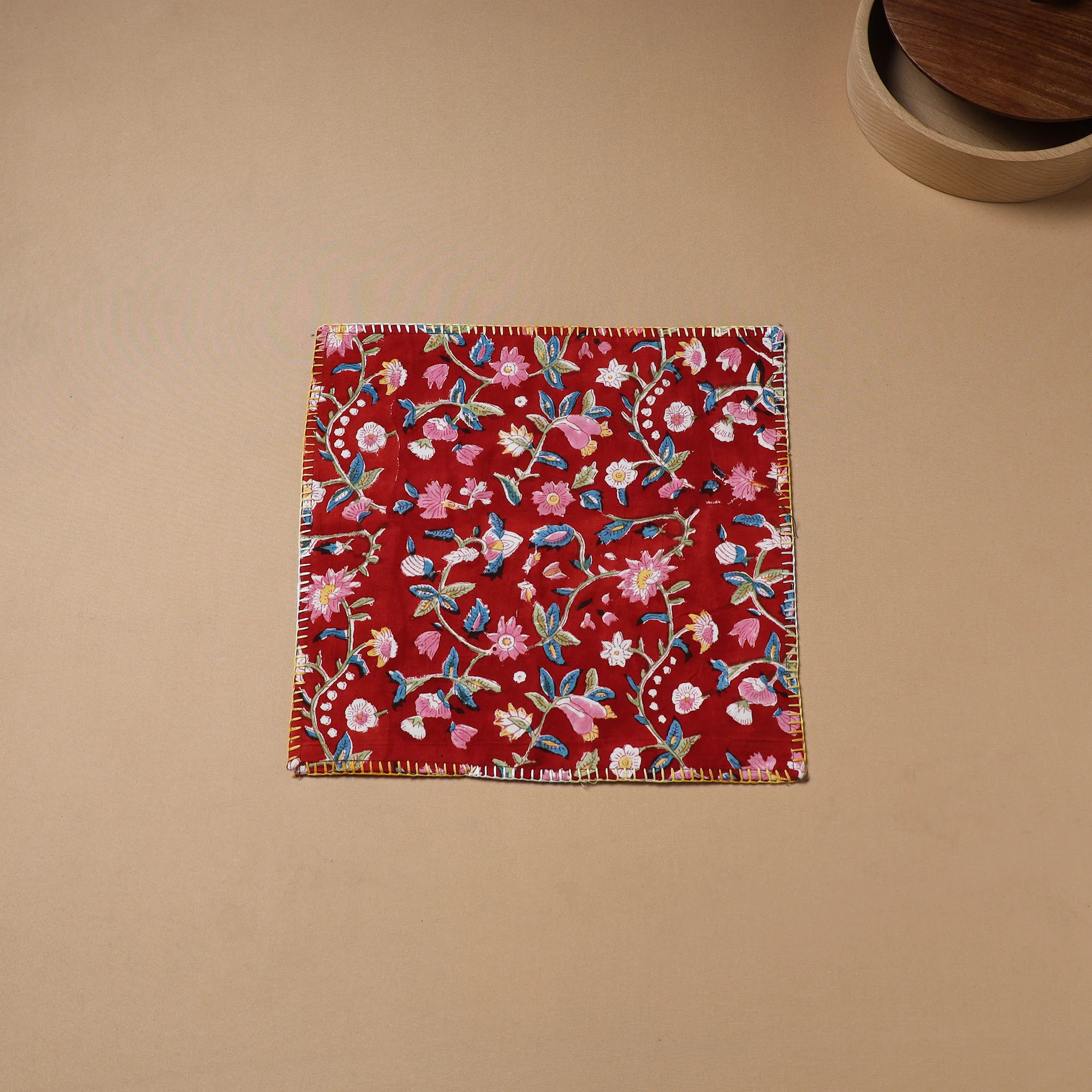 Red - Hand Embroidered Floral Block Print Cotton Square Roti Napkin 36