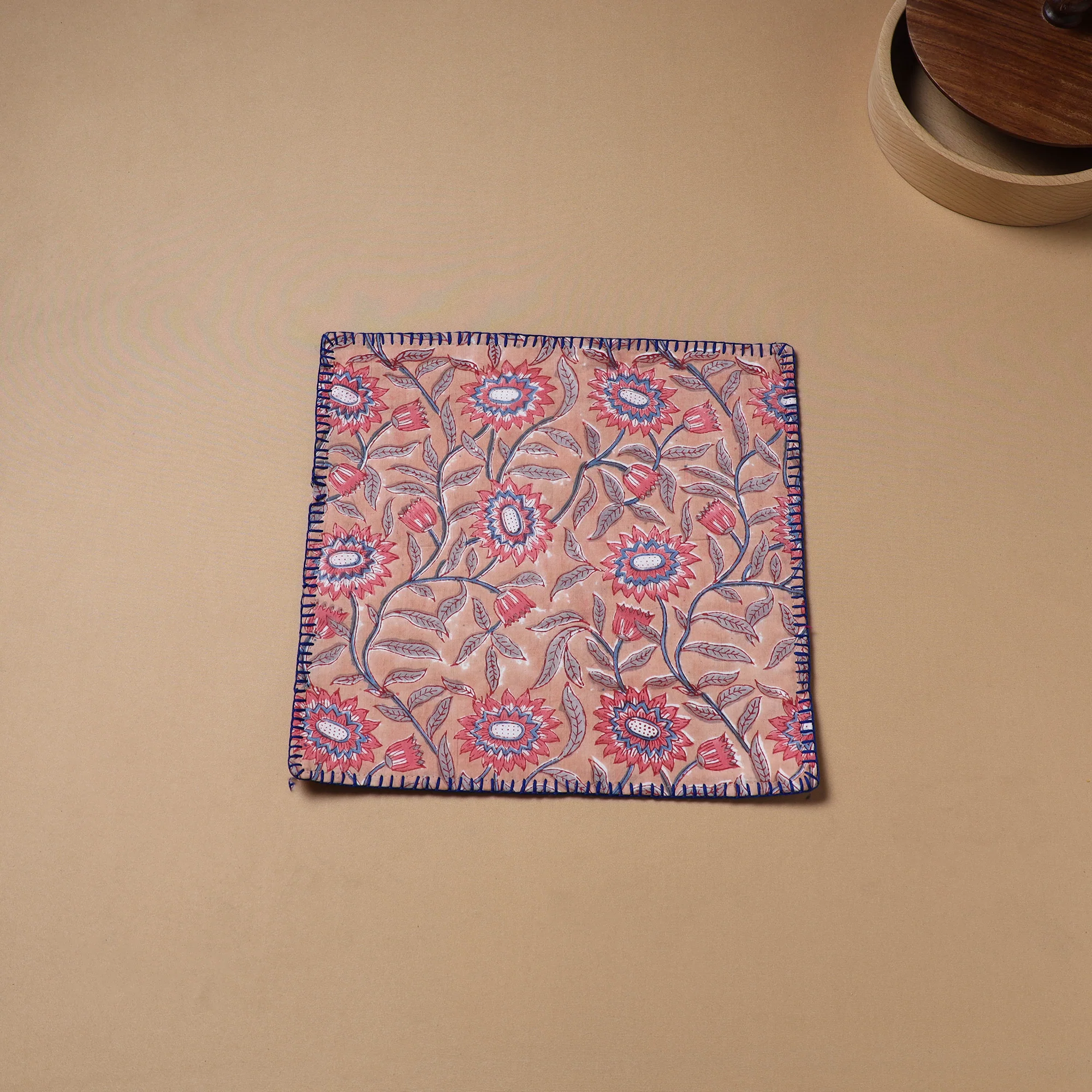 Pink - Hand Embroidered Floral Block Print Cotton Square Roti Napkin 37