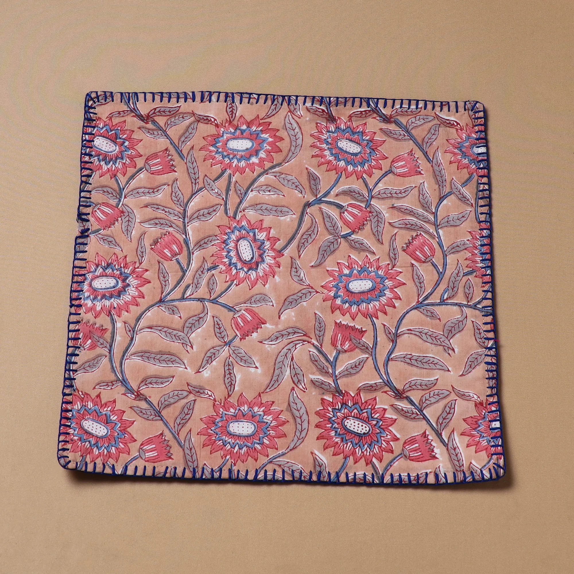 Pink - Hand Embroidered Floral Block Print Cotton Square Roti Napkin 37 - Image 2