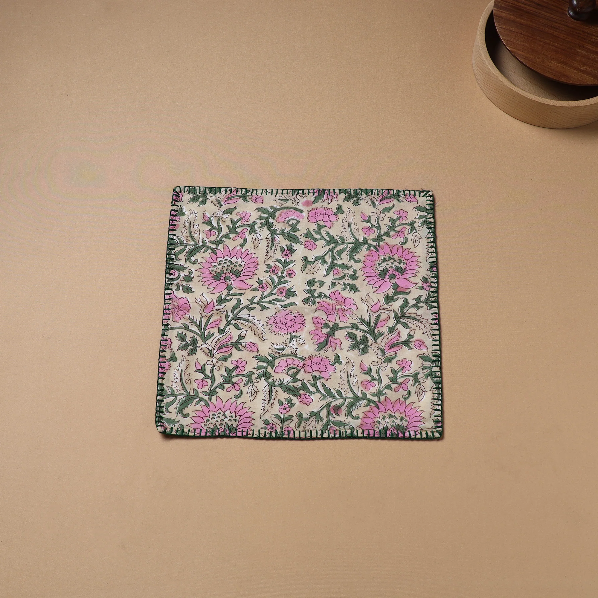 Hand Embroidered Floral Block Print Cotton Square Roti Napkin 38