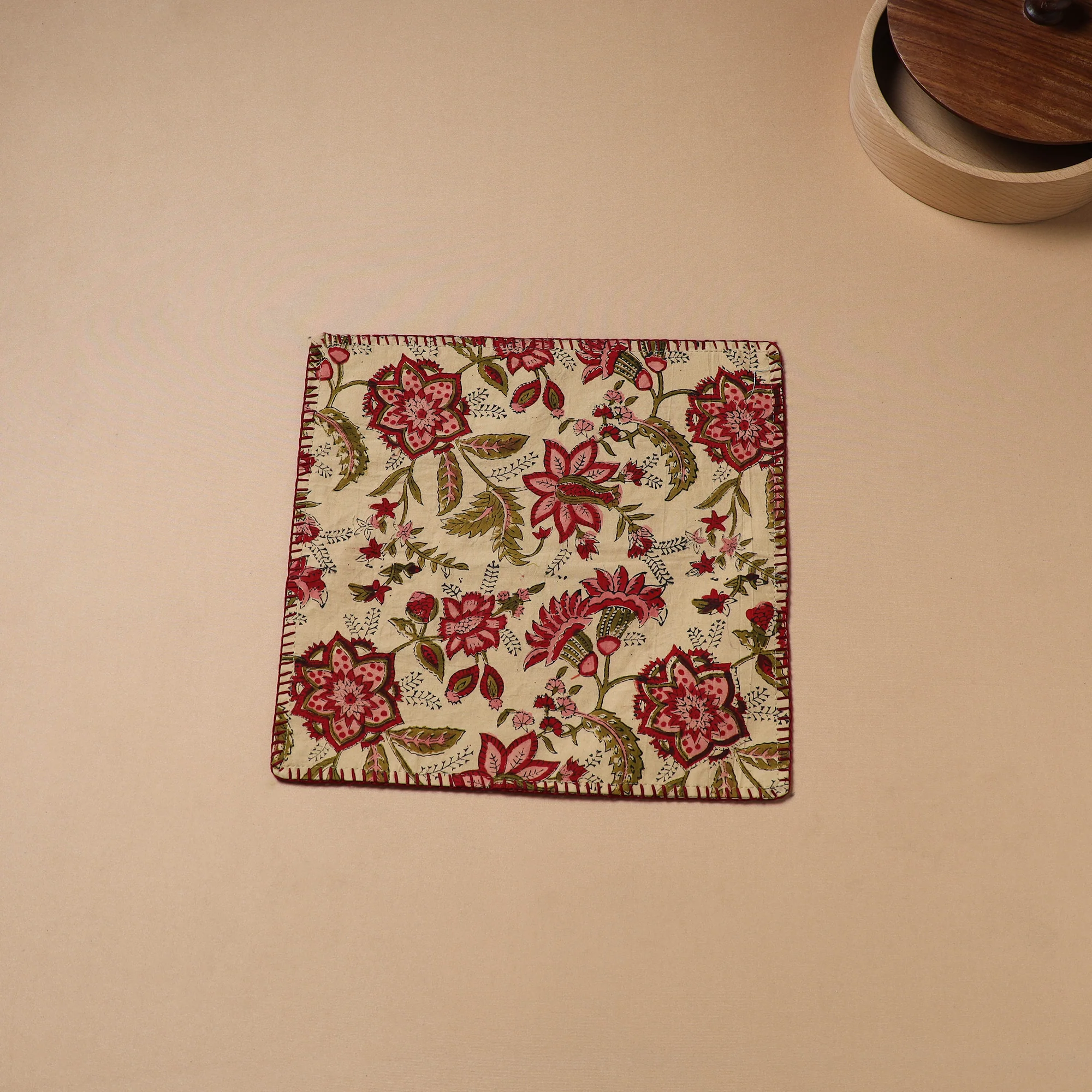 Hand Embroidered Floral Block Print Cotton Square Roti Napkin 39