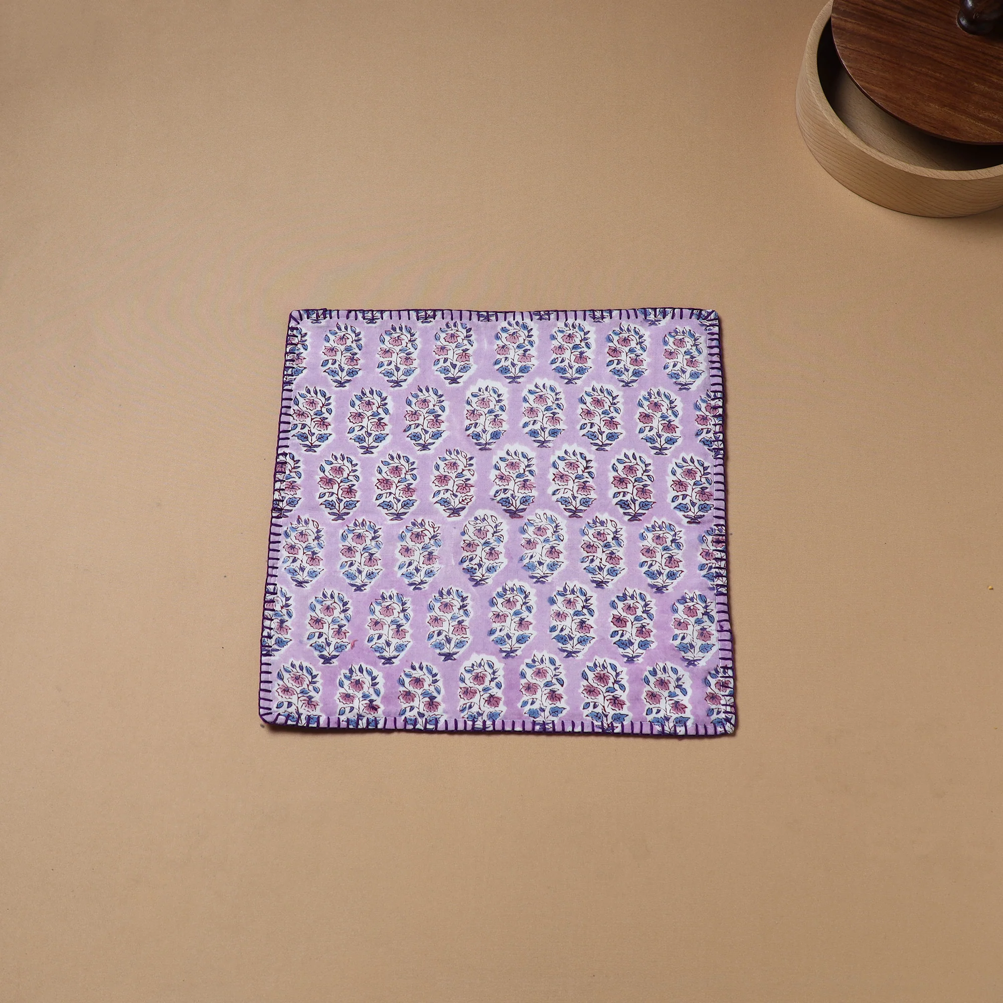 Purple - Hand Embroidered Floral Block Print Cotton Square Roti Napkin 40