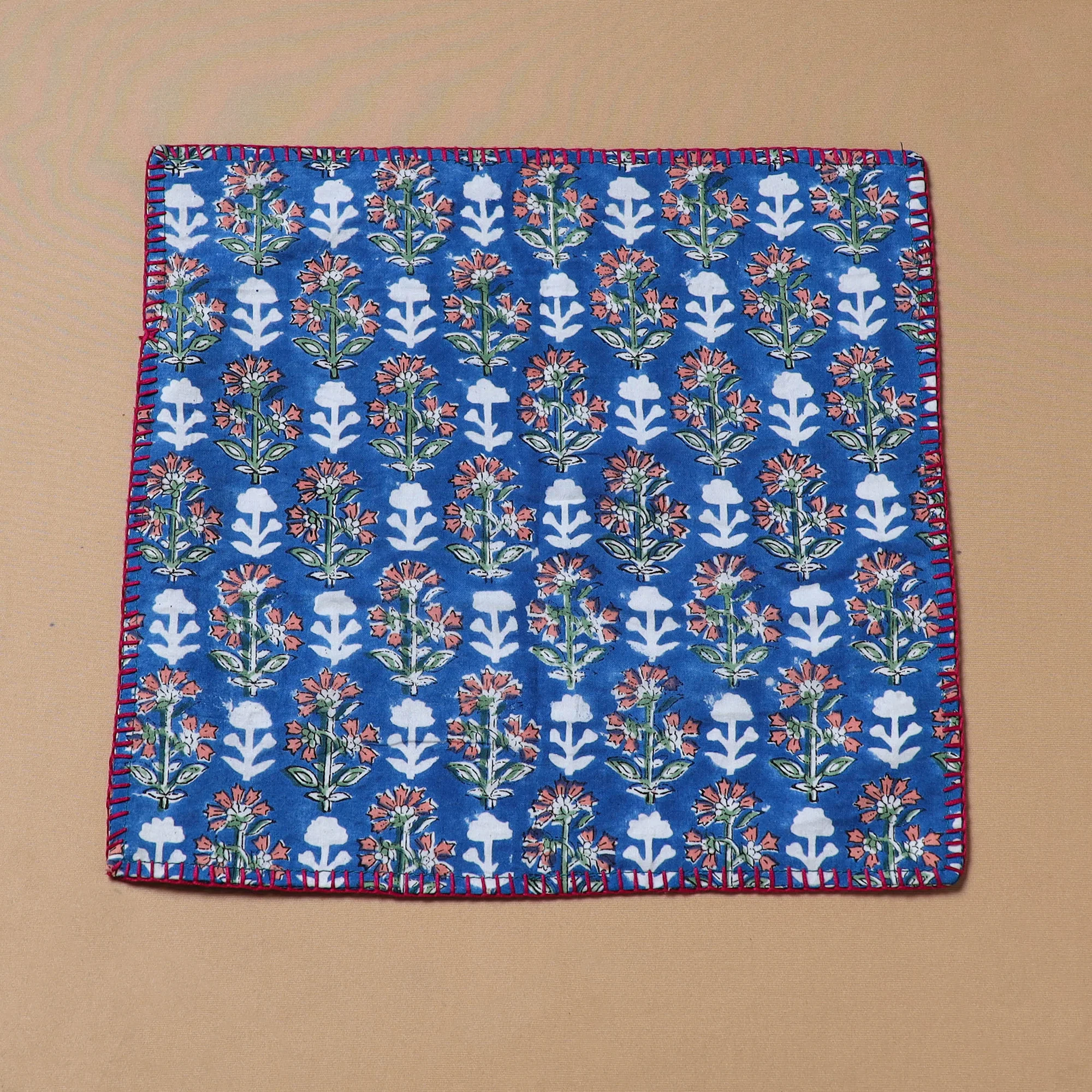 Blue - Hand Embroidered Floral Block Print Cotton Square Roti Napkin 41 - Image 2