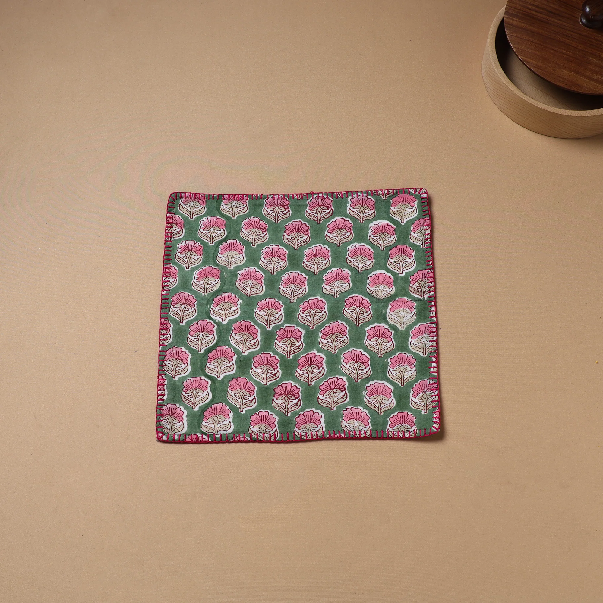 Hand Embroidered Floral Block Print Cotton Square Roti Napkin 42