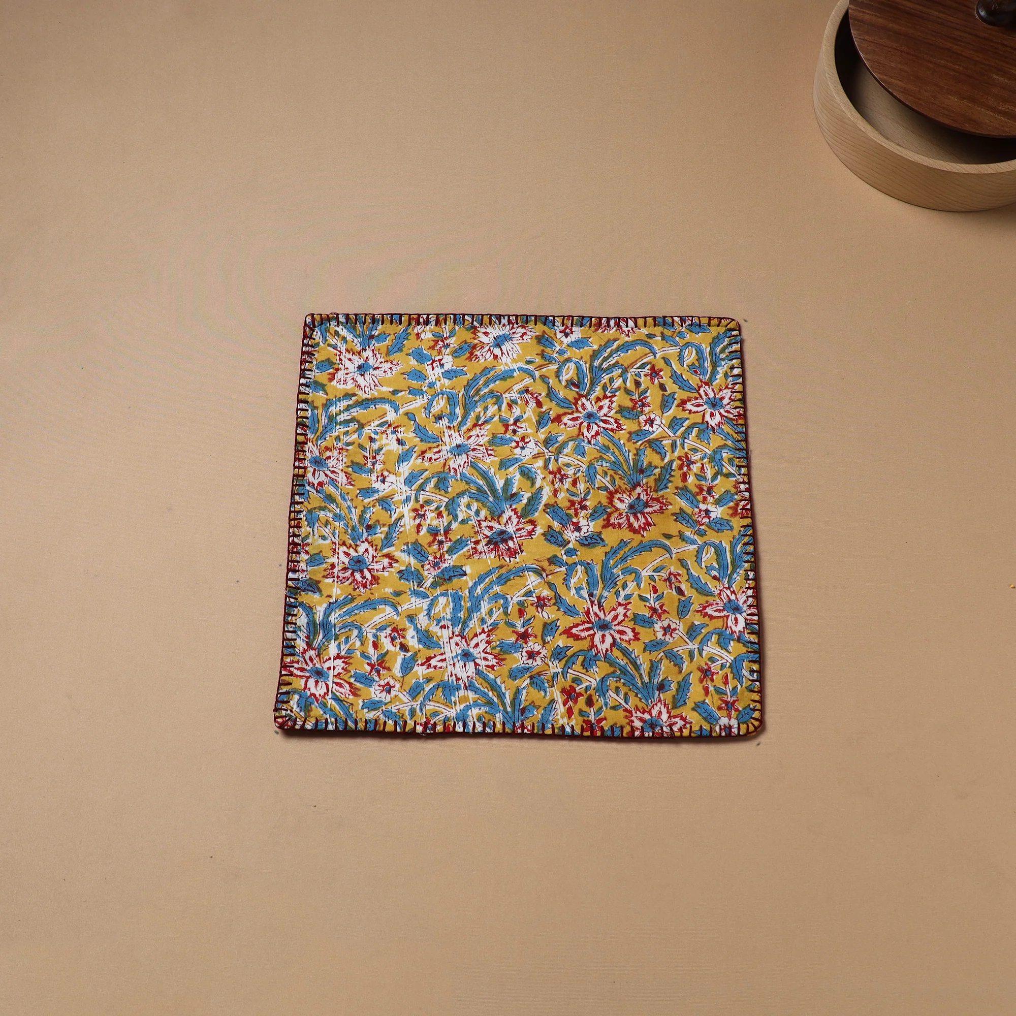 Hand Embroidered Floral Block Print Cotton Square Roti Napkin 44