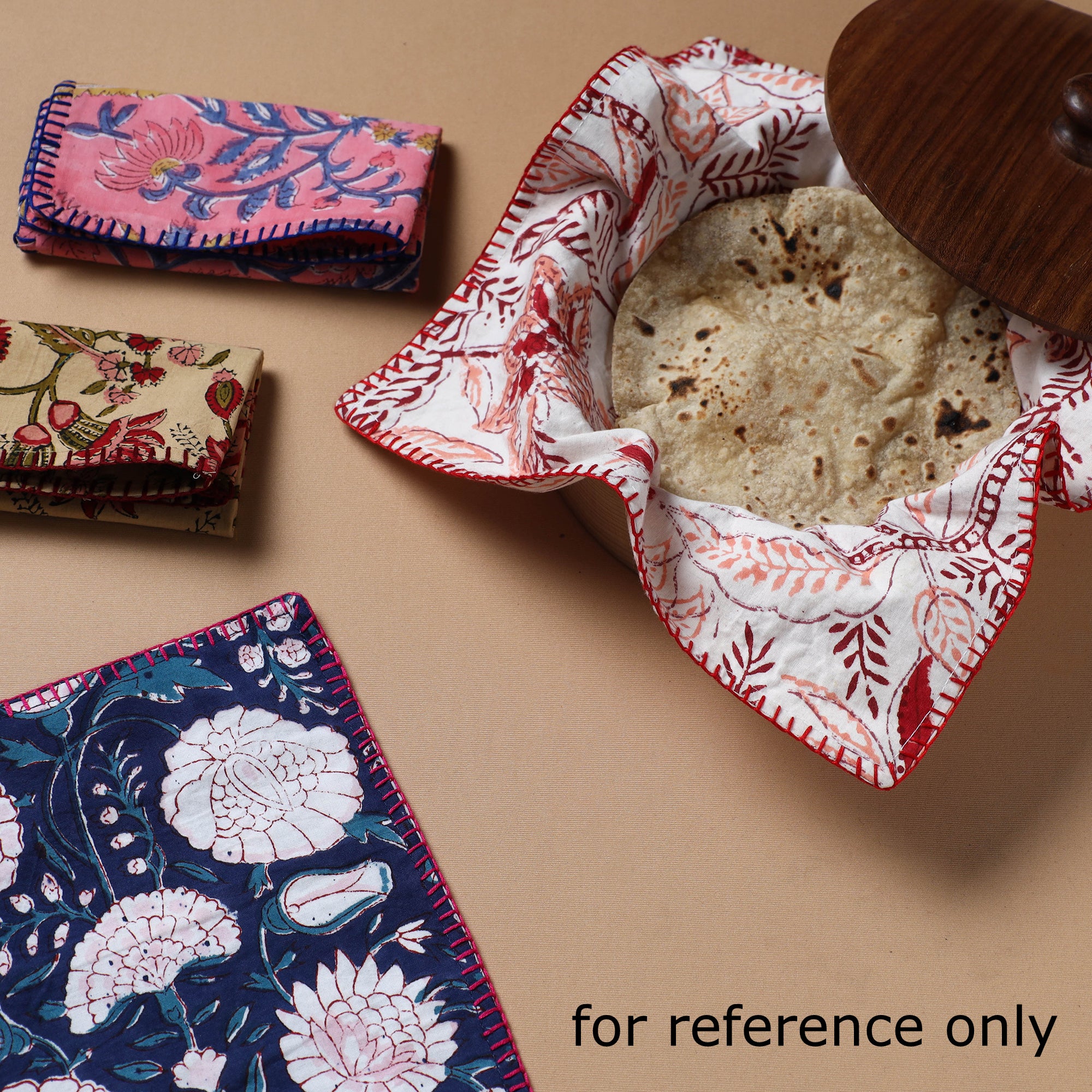 Hand Embroidered Floral Block Print Cotton Square Roti Napkin 44 - Image 3