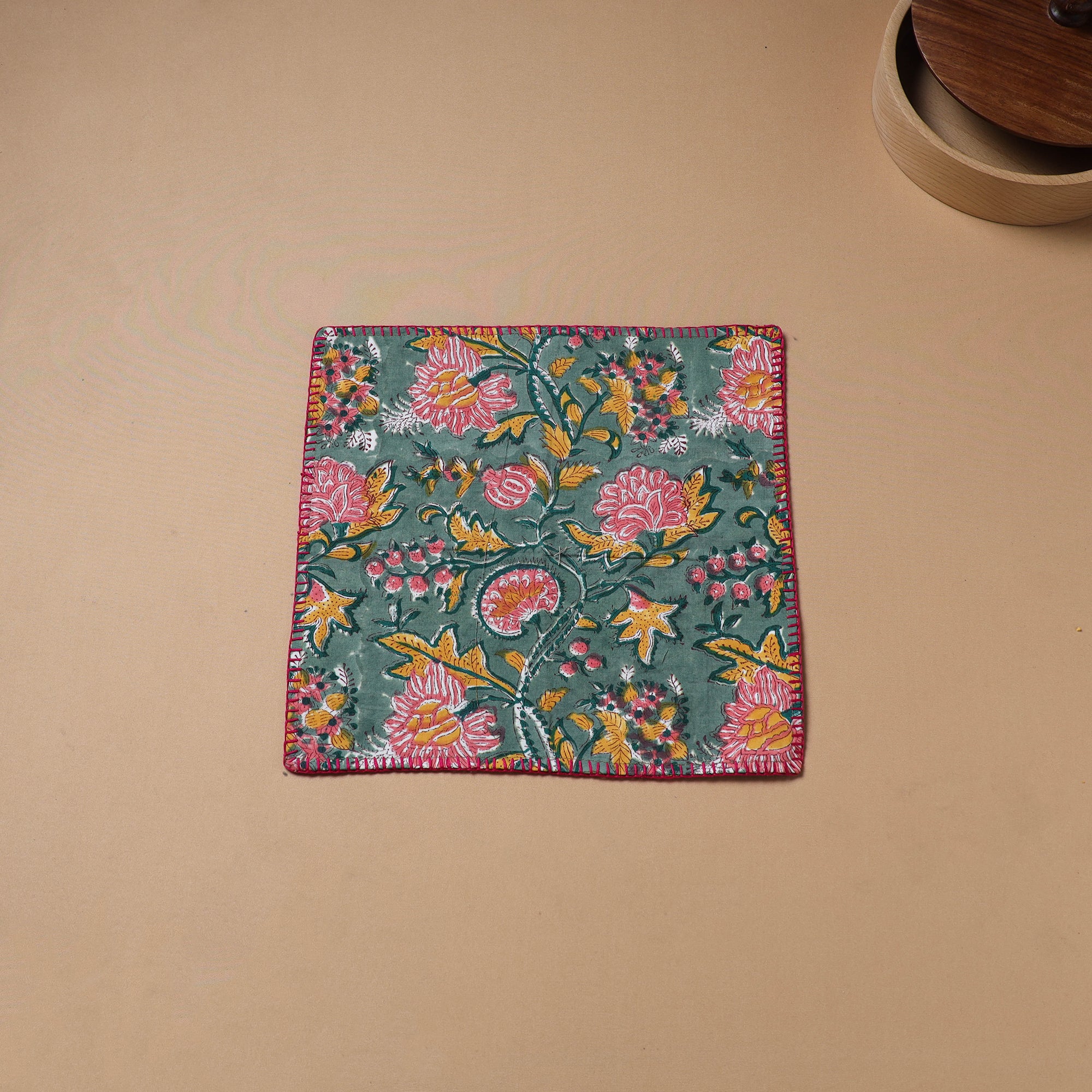 Green - Hand Embroidered Floral Block Print Cotton Square Roti Napkin 45