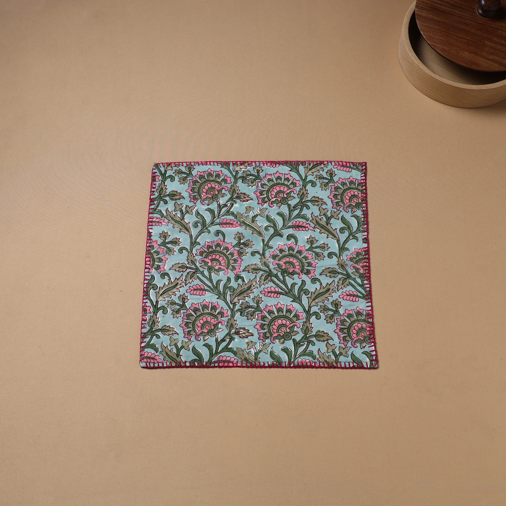 Blue - Hand Embroidered Floral Block Print Cotton Square Roti Napkin 46