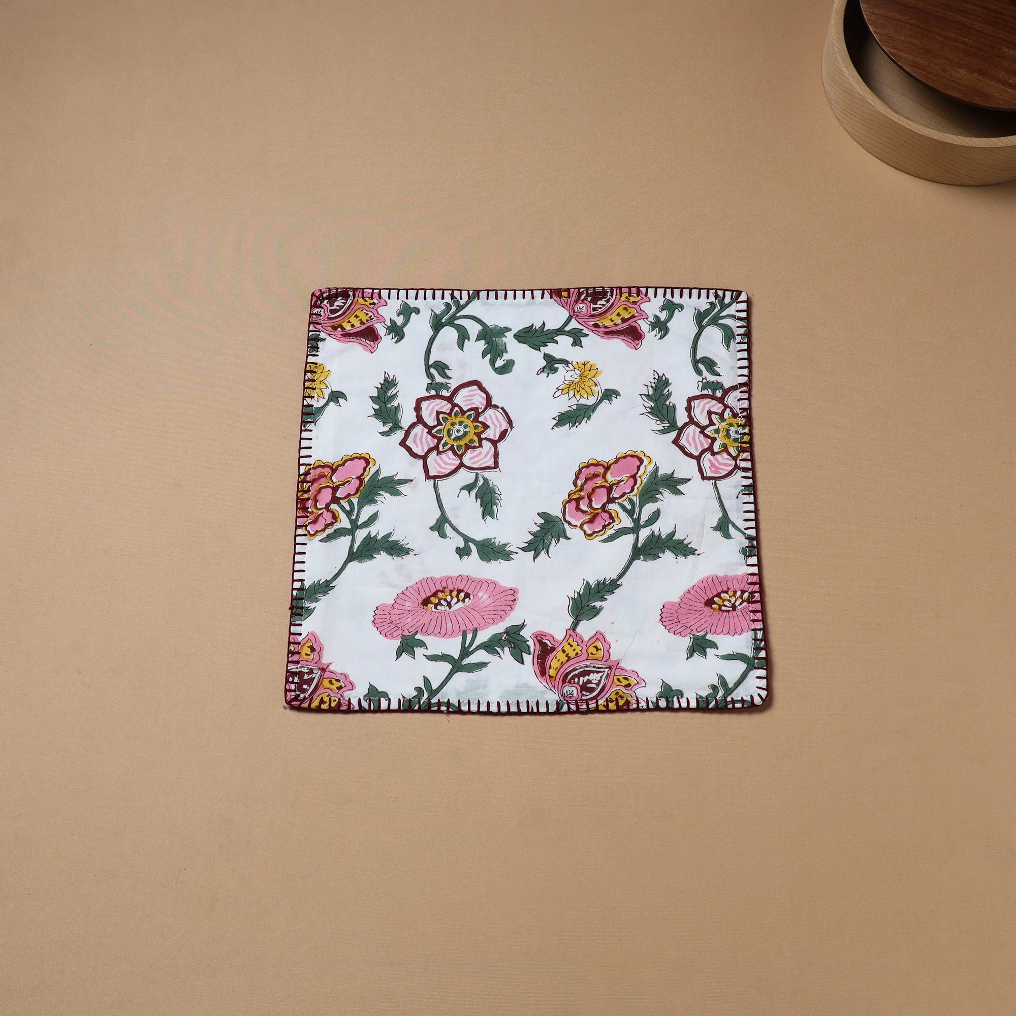 White - Hand Embroidered Floral Block Print Cotton Square Roti Napkin 47
