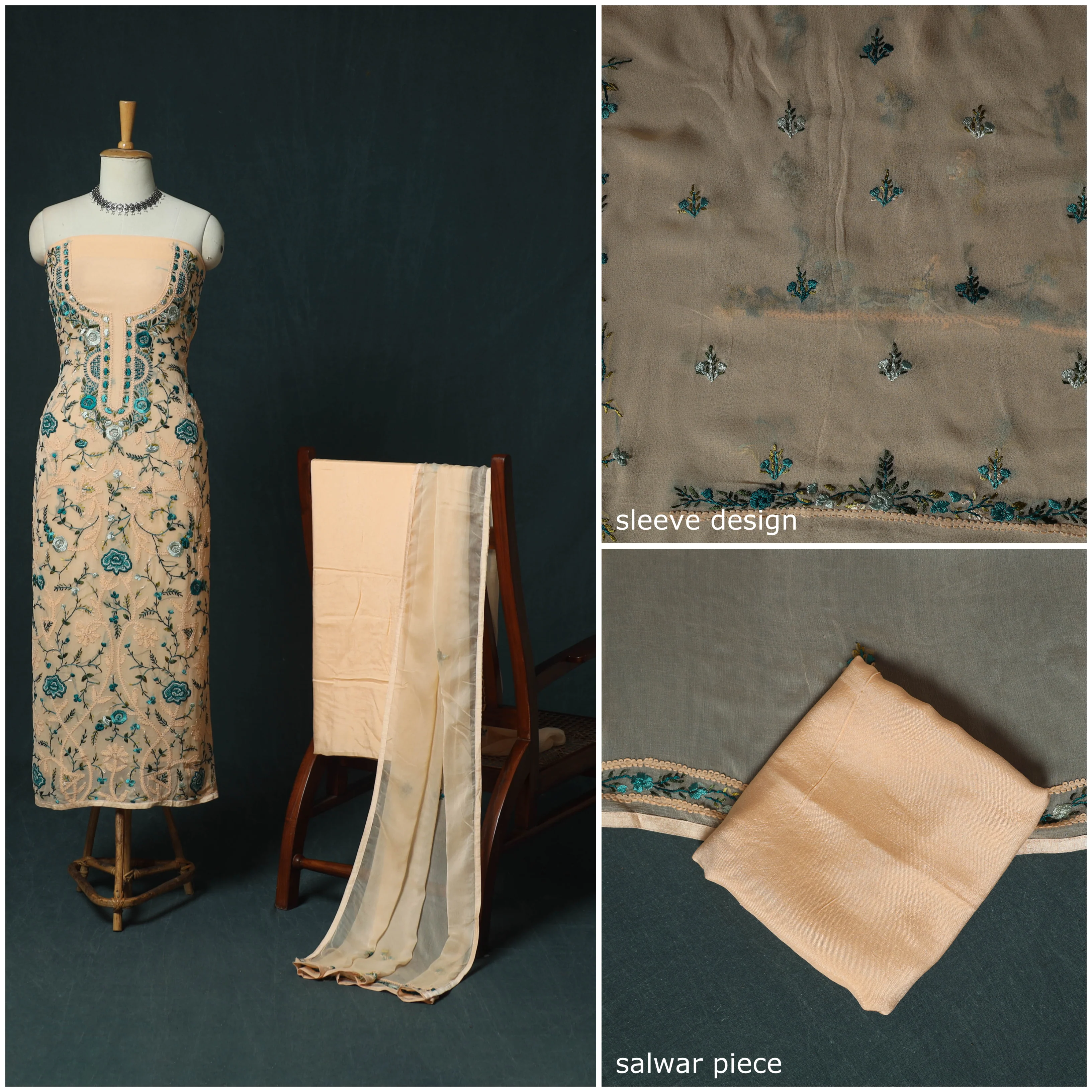 Hand Embroidered Georgette 3pc Unstitched Dress Material 16 - Image 3
