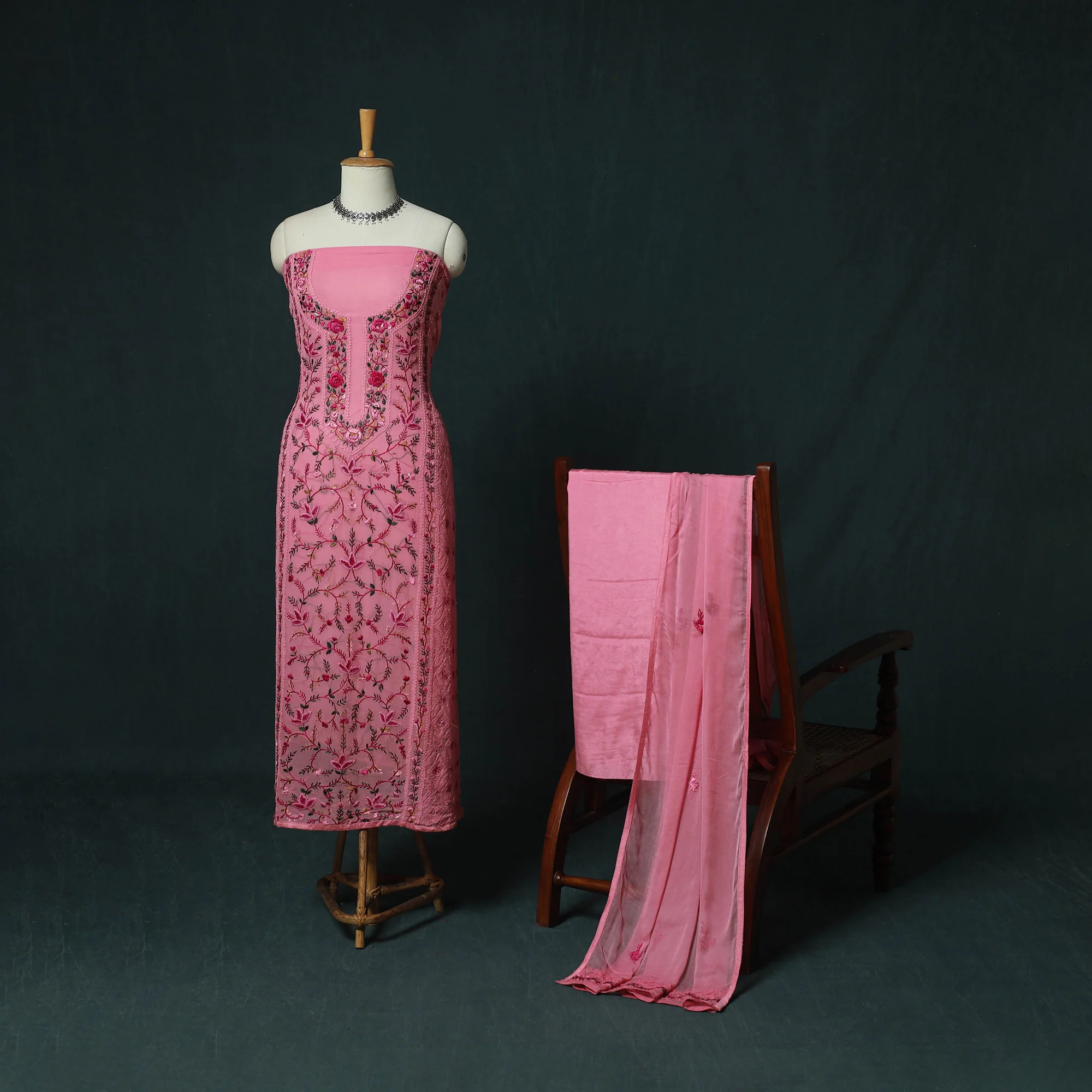 Hand Embroidered Georgette 3pc Unstitched Dress Material 17 - Image 2