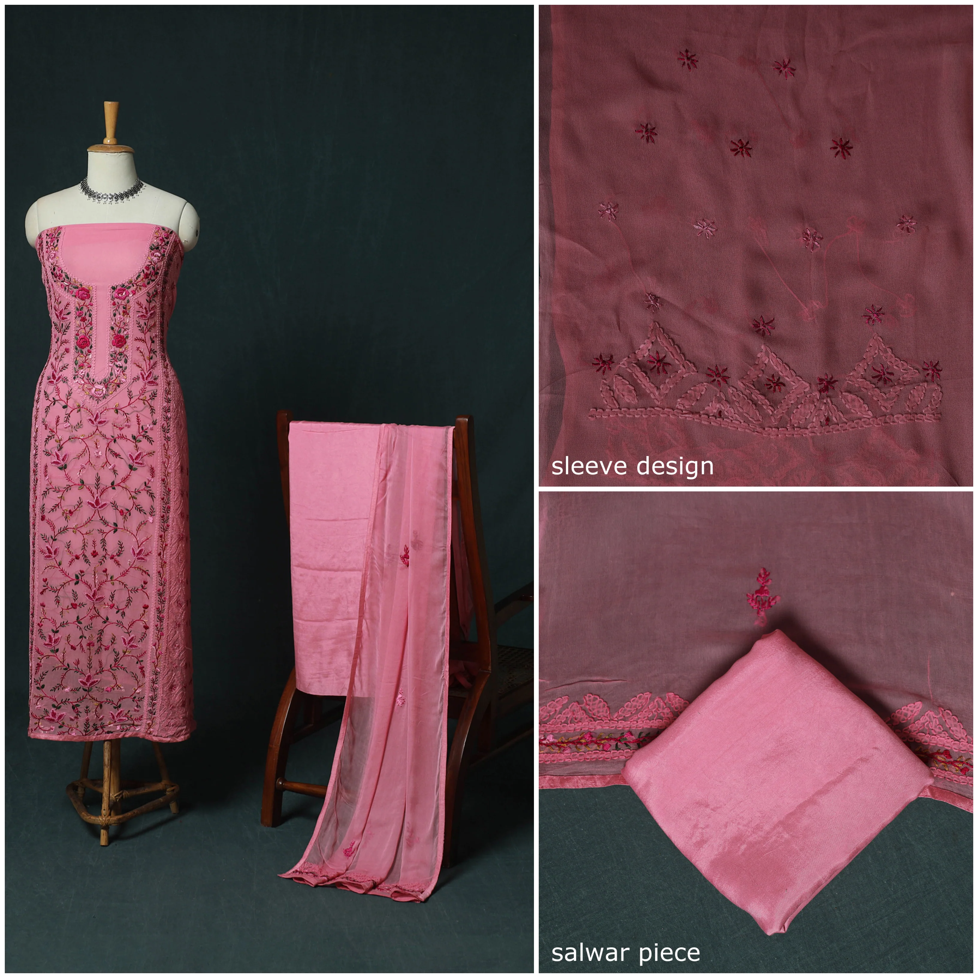 Hand Embroidered Georgette 3pc Unstitched Dress Material 17 - Image 3