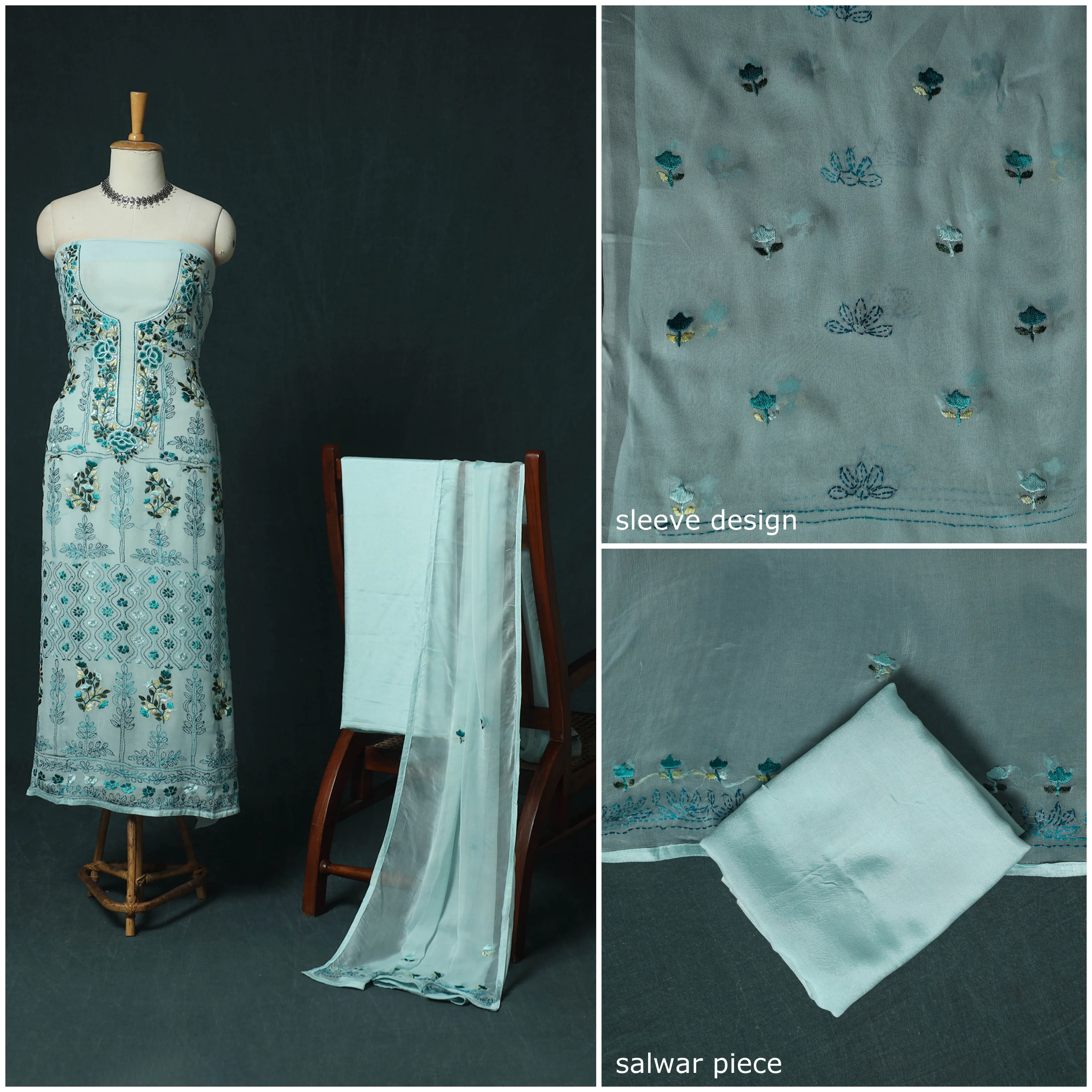 Hand Embroidered Georgette 3pc Unstitched Dress Material 18 - Image 3