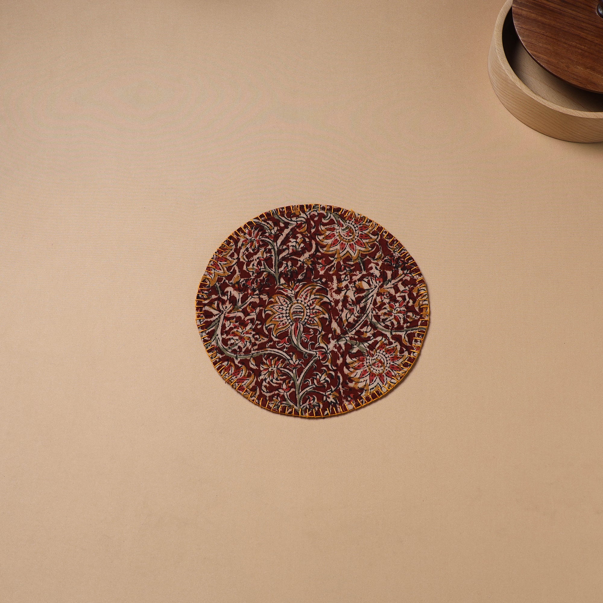 Brown - Hand Embroidered Kalamkari Block Print Cotton Round Roti Napkin 23