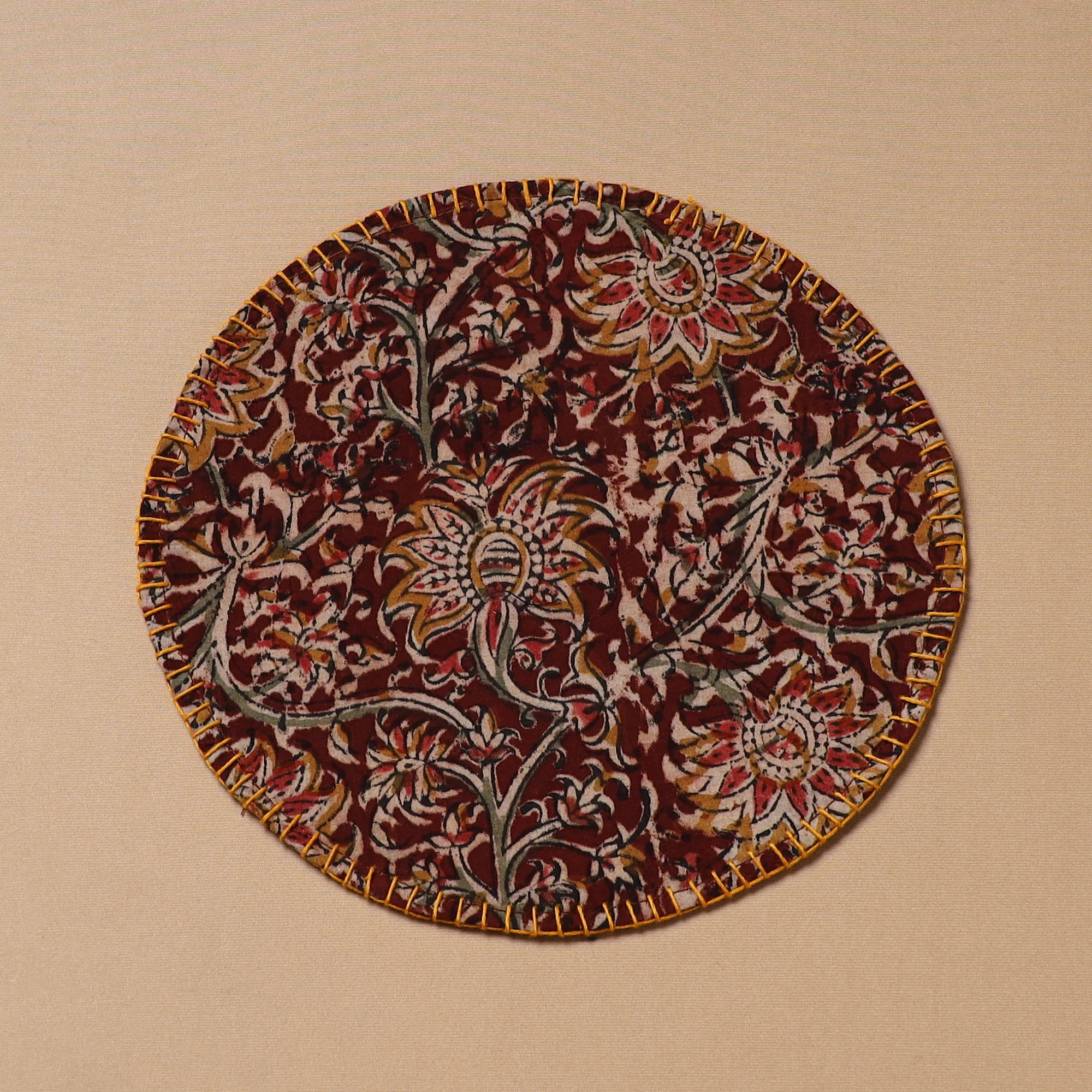 Brown - Hand Embroidered Kalamkari Block Print Cotton Round Roti Napkin 23 - Image 2