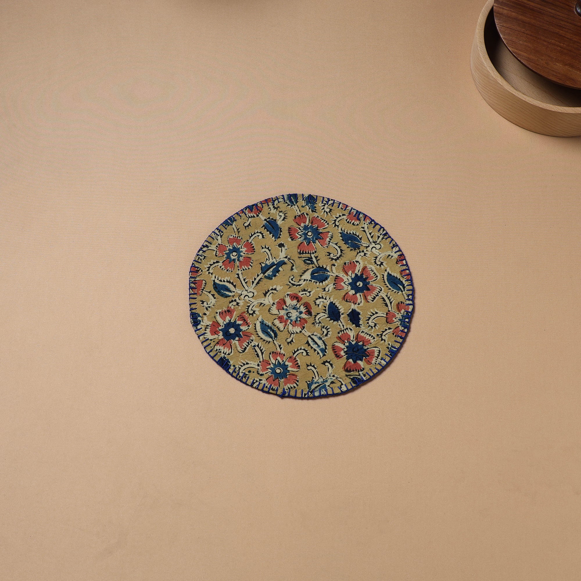 Hand Embroidered Kalamkari Block Print Cotton Round Roti Napkin 24