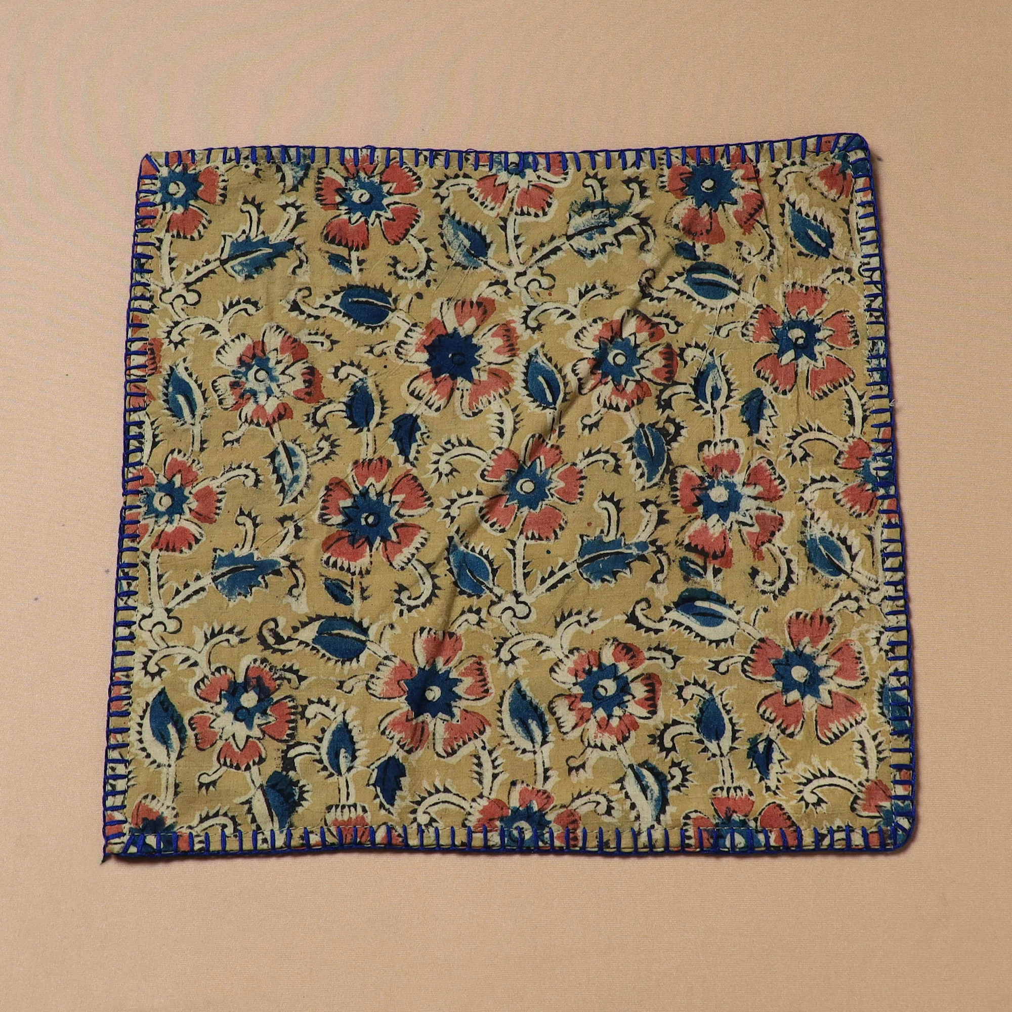 Yellow - Hand Embroidered Kalamkari Block Print Cotton Square Roti Napkin 51 - Image 2