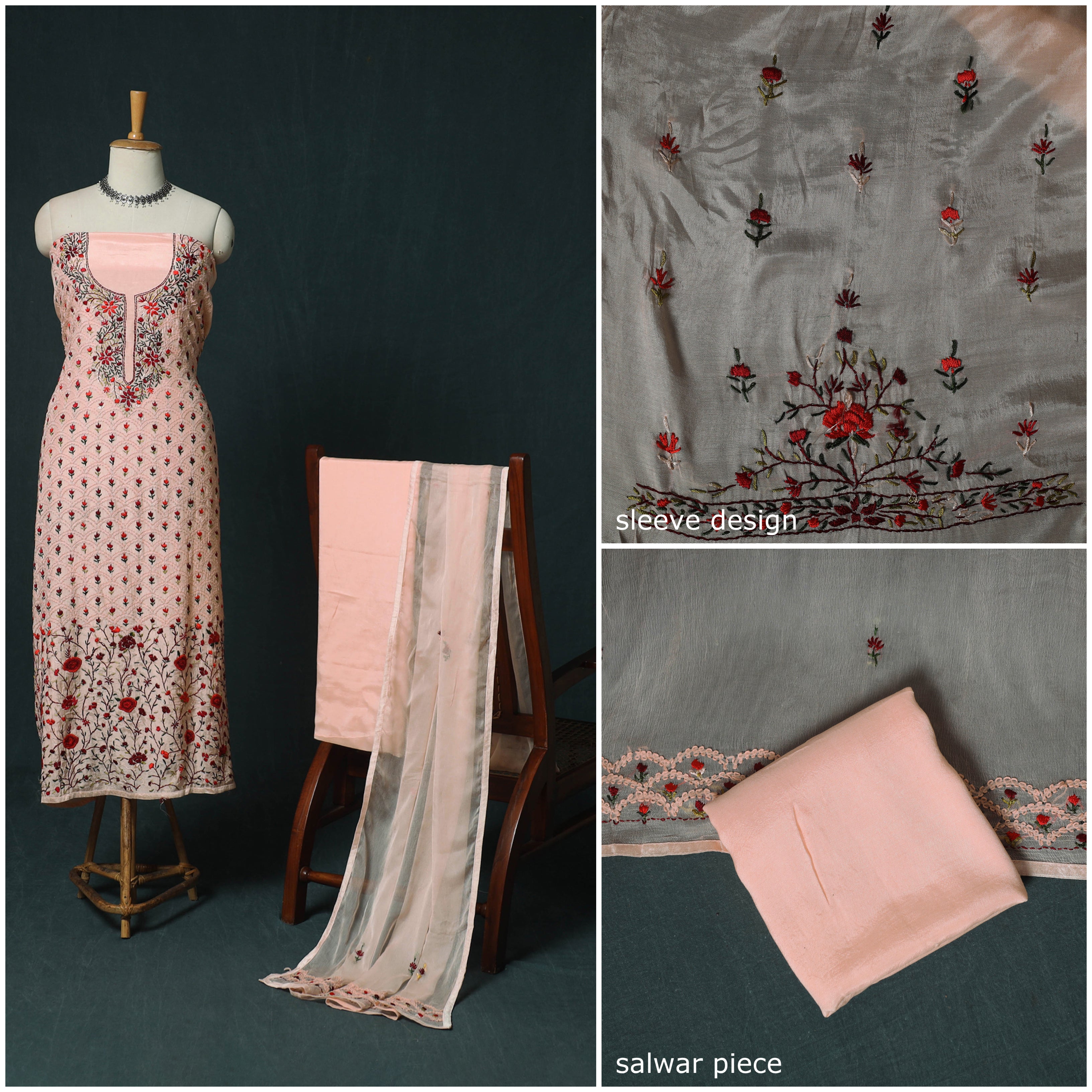 Hand Embroidered Muslin 3pc Unstitched Dress Material 11 - Image 3