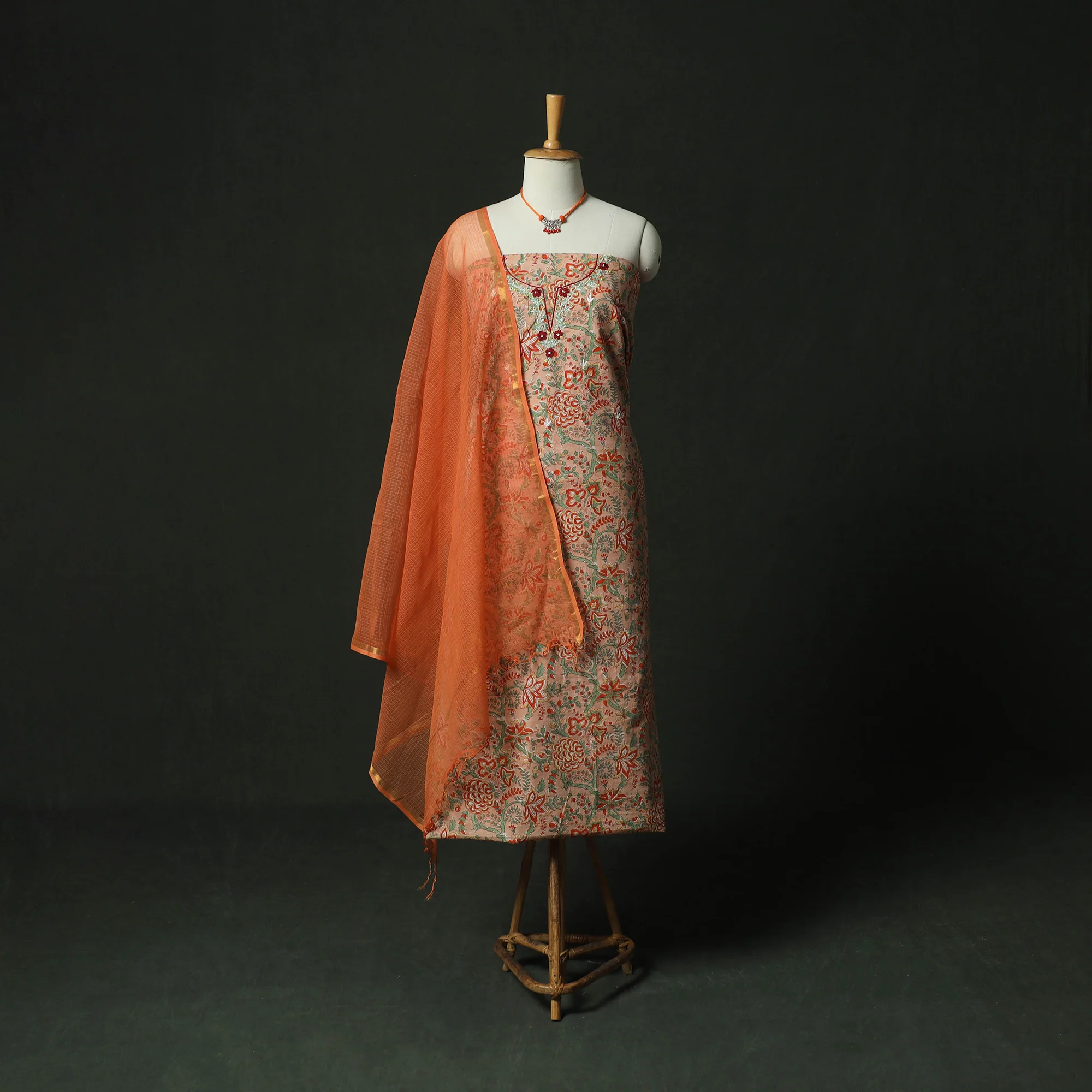 Beige - Hand Embroidered Sanganeri Block Print Cotton 2pc Unstitched Dress Material Kurta Set with Jewellery 01