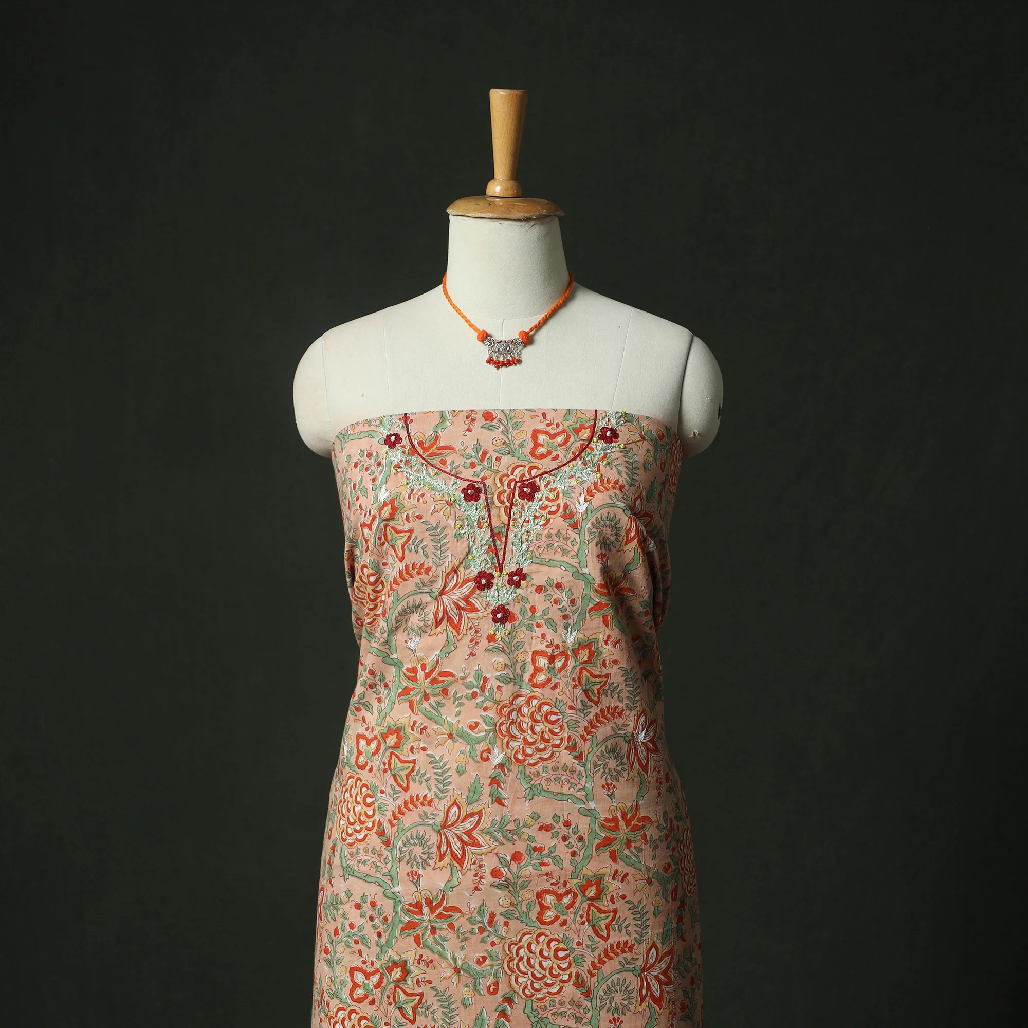 Beige - Hand Embroidered Sanganeri Block Print Cotton 2pc Unstitched Dress Material Kurta Set with Jewellery 01 - Image 2
